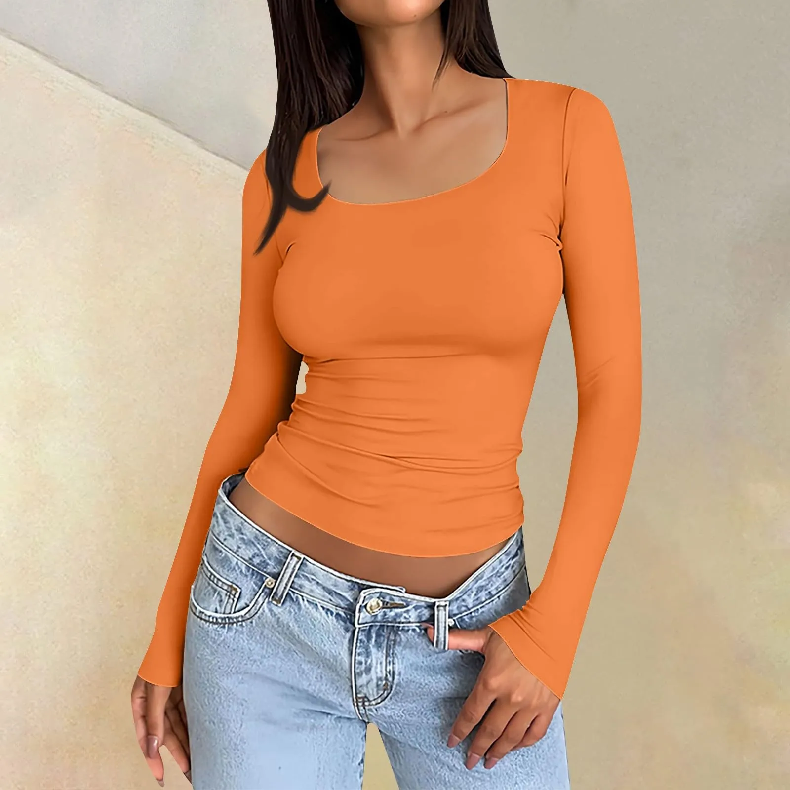 MOKBAY Top Donna Curvy Autunnali Maglie Eleganti Invernali Maglia Y2k Maglia Manica Lunga Cotone Tinta Unita Sexy Manica Lunga Slim Fit T-Shirt Aderente Magliette Termiche Donna XS - immagine 2