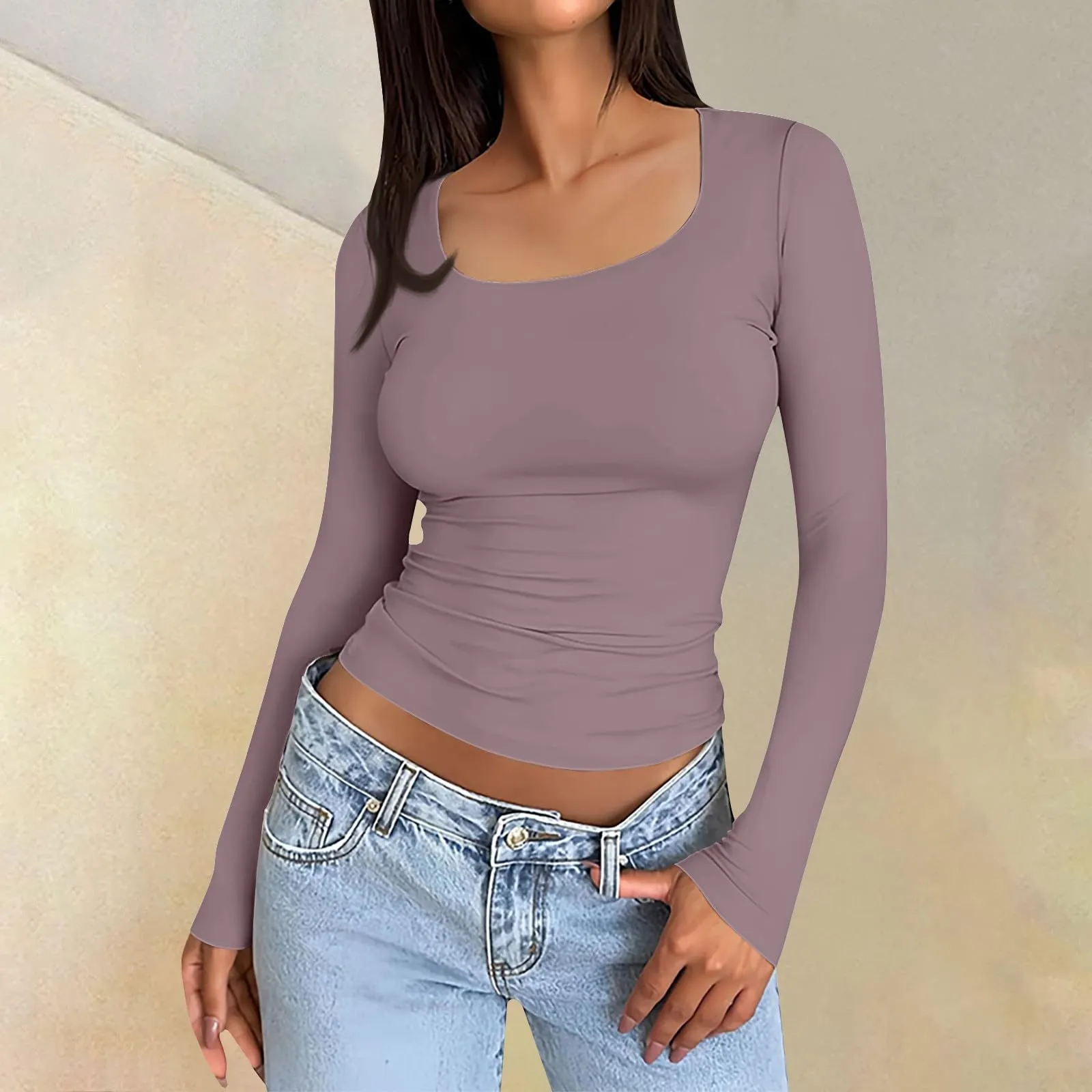 MOKBAY Maglia Cotone Manica Lunga Donna Curvy Maglia Magliette Basic Invernale Tinta Unita Manica Lunga Tshirt Elegante Top Rosso Aderente Slim Fit Maglie Eleganti Donna XXL - immagine 2