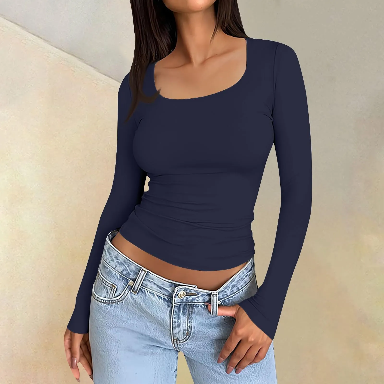 MOKBAY Maglie Donna Manica Lunga Aderente Magliette a Maniche Lunghe Slim Fit Autunno Manica Lunga Elegante Y2k Tshirt Maglia Tinta Unita Top Bianco Curvy Maglia Elegante Donna XL - immagine 2