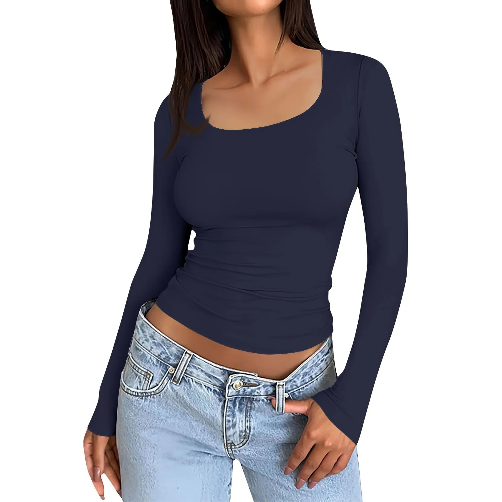 MOKBAY Maglia Maniche Lunghe Donna Cotone Elegante Maglie Invernali Autunnali Y2k Sexy Magliette Cotone Donna Manica Lunga Manica Lunga Tshirt Maglia Corsetto Slim Fit Tinta Unita Top Sexydonna S - immagine 1