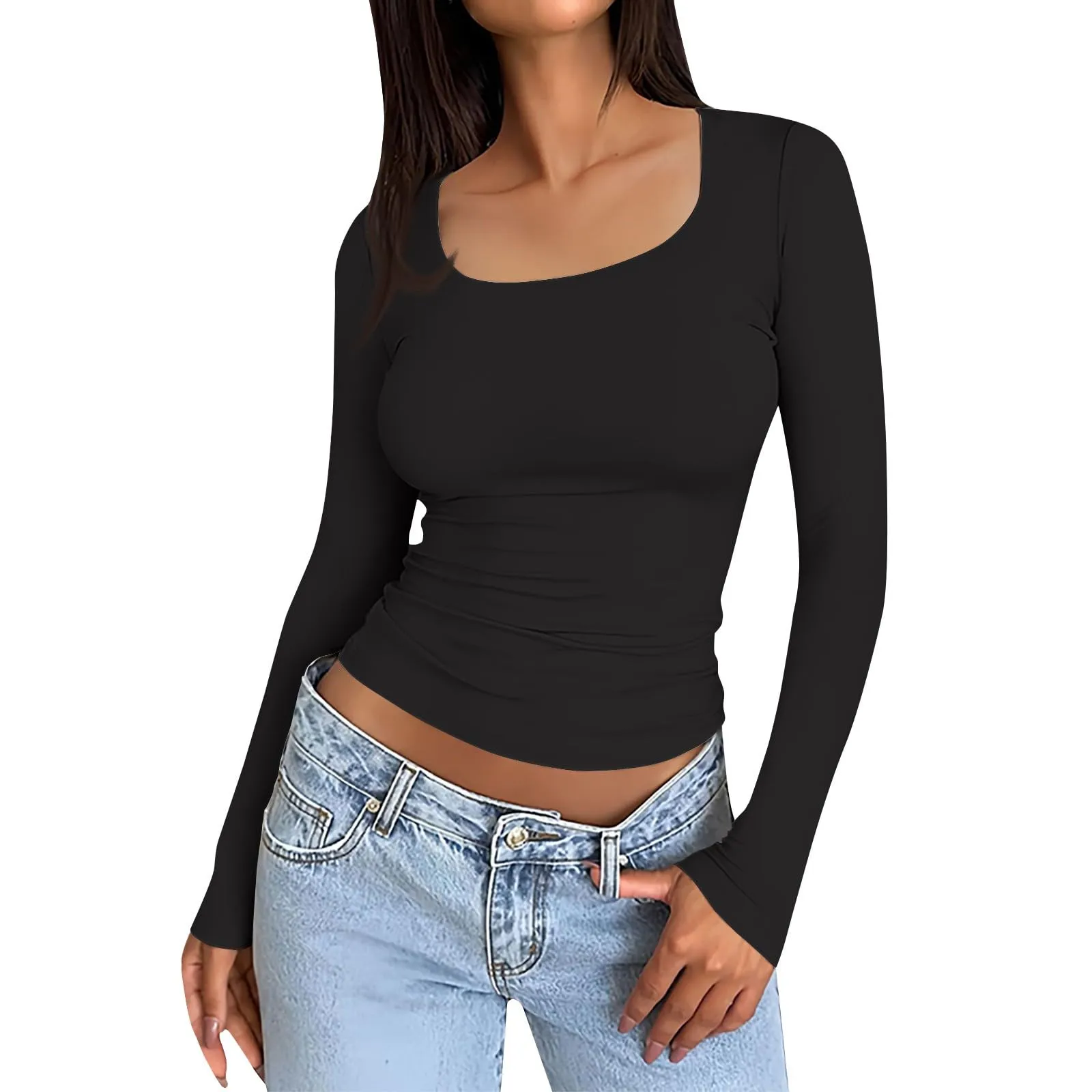 MOKBAY Top Donna Elegante Magliette Sexy Tinta Unita Aderente Maglia Maglia Termica Autunno Y2k Manica Lunga Slim Fit T-Shirt Elegante Maglie Maniche Lunghe Donna XS - immagine 1
