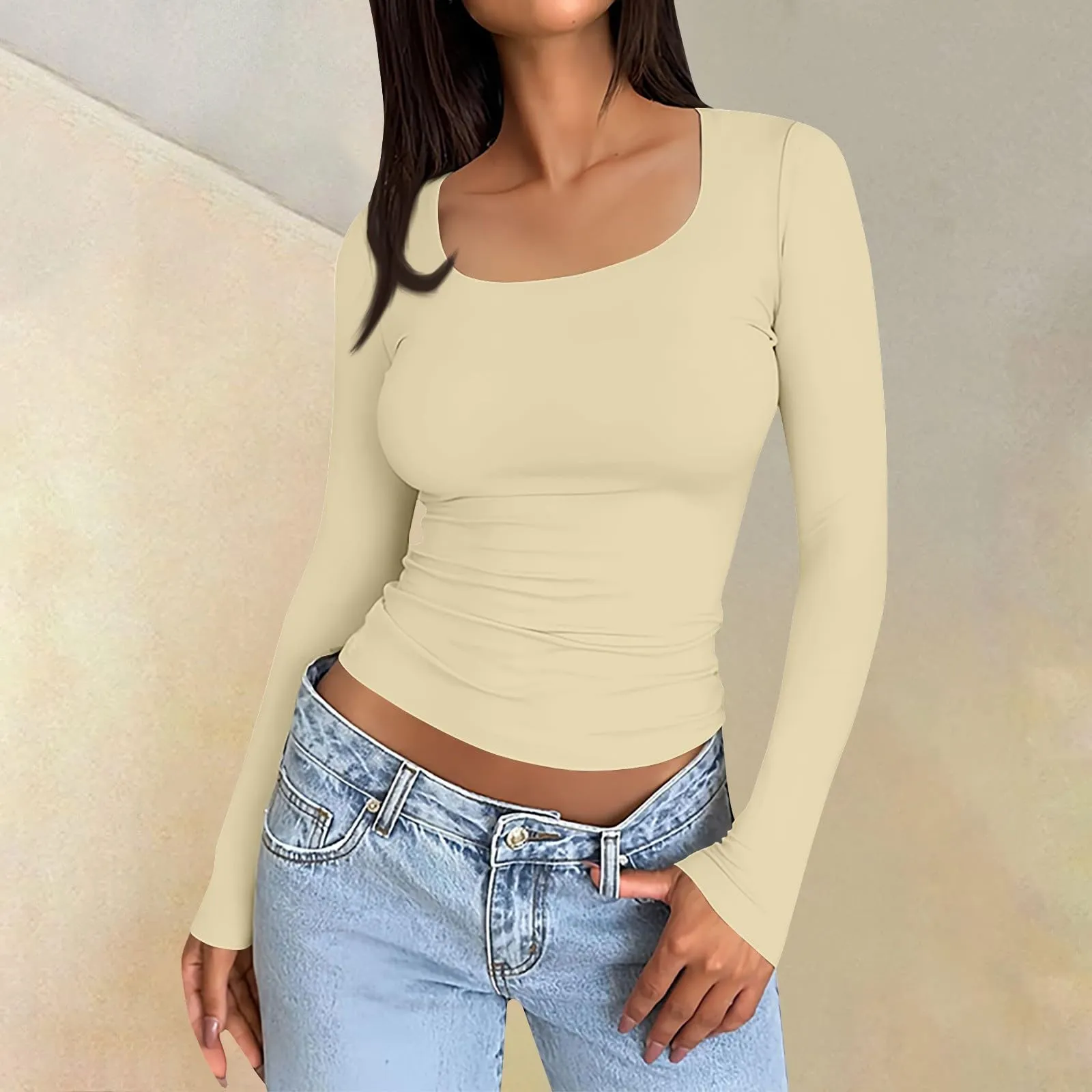 MOKBAY Maglia Intima Cotone Manica Lunga Tinta Unita Maglia Maglie Termiche Donna Curvy Autunno Tshirt Attillata Sexy Top Arancione Slim Fit Basic Magliette Donna Manica Lunga M - immagine 2