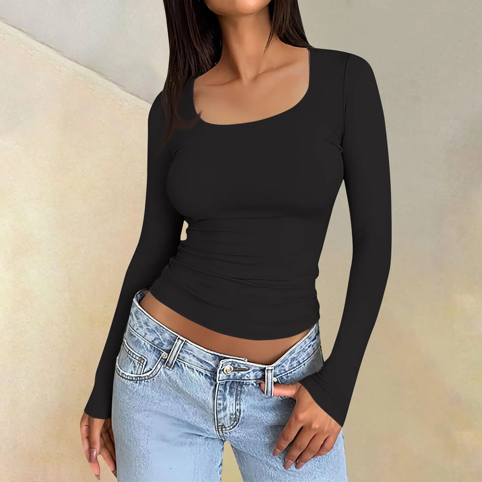 MOKBAY Maglia Donna Manica Lunga Elegante Manica Lunga Maglie Eleganti Attillate Slim Fit Invernali Y2k Tshirt Basic Top Nero Elegante Tinta Unita Maglia Sexy Magliette Bianche Donna L - immagine 2