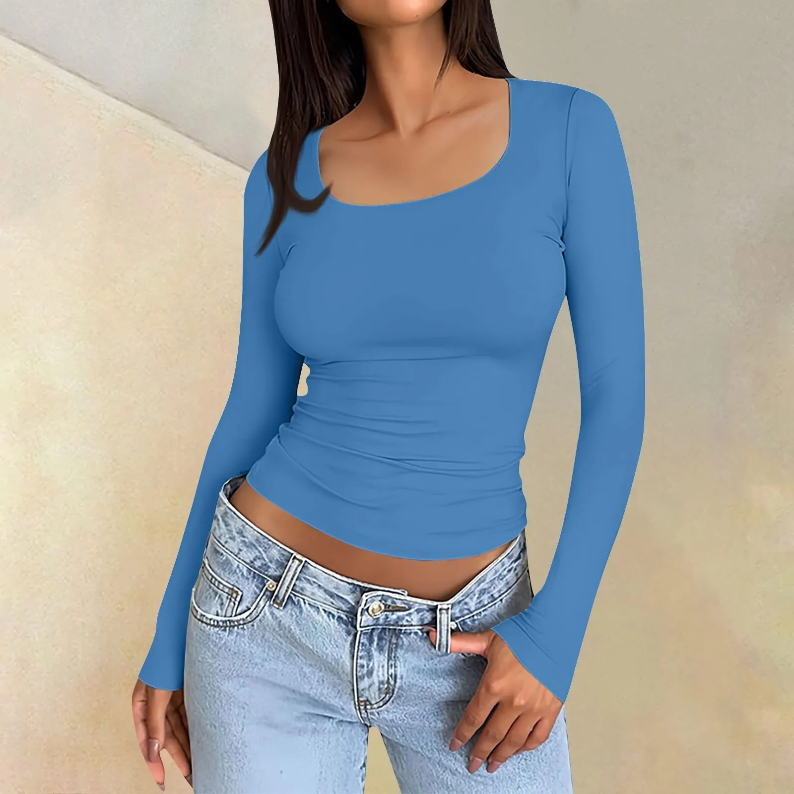 MOKBAY Taglie Forti Donna Maglie Maglietta Eleganti Invernali Manica Lunga Maglia Donna Autunno Slim Fit Basic T-Shirt Aderente Sexy Maglia Tinta Unita Curvy Top Sexy S - immagine 2