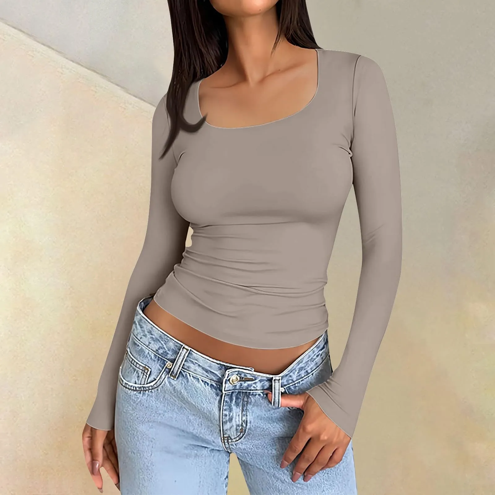 MOKBAY Top Bianco Manica Lunga Maglie Donna Eleganti Invernale Curvy Aderente Maglia Tshirt Sexy Elegante Slim Fit Tinta Unita Maglia Manica Lunga Donna Maglietta Rosa L - immagine 2