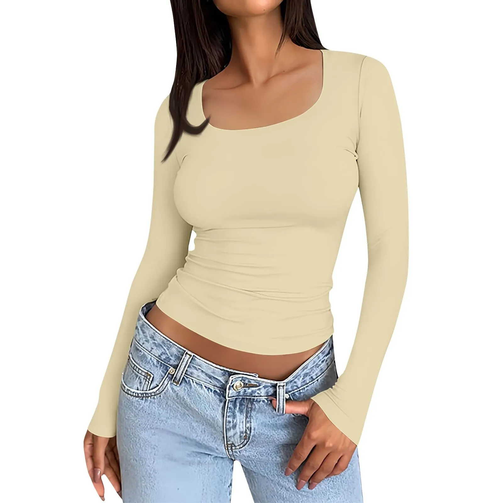 MOKBAY Top Sexydonna Slim Fit Sexy Tinta Unita Maglia Basic Manica Lunga Maglia Donna Cotone Maglietta Manica Lunga Attillata Y2k T-Shirt Invernale Maglie Donna Particolari S - immagine 1
