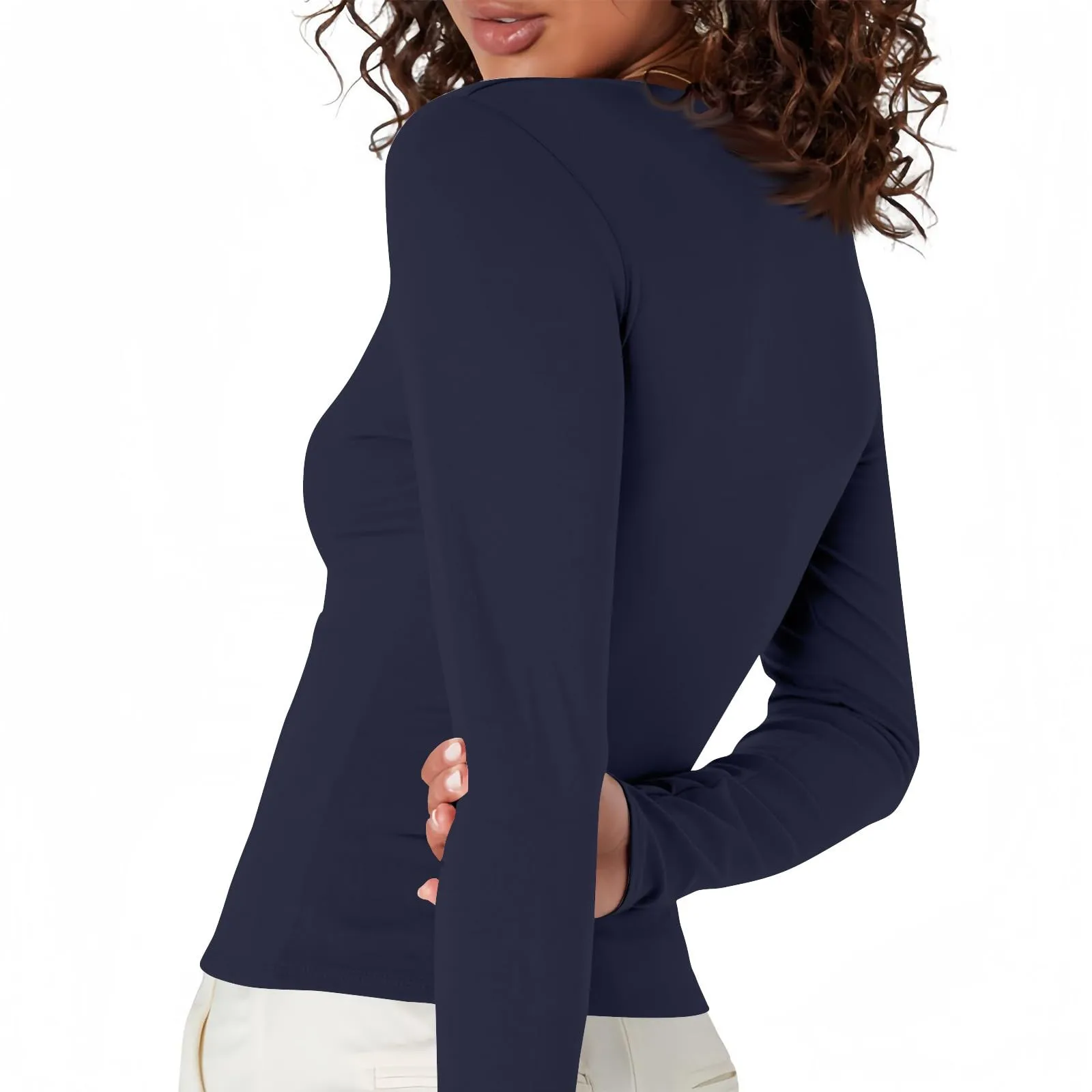 MOKBAY Top Donna Slim Fit T-Shirt Basic Elegante Invernali Sexy Magliette Manica Lunga Maglia Maglia Maniche Lunghe Cotone Attillate Manica Lunga Tinta Unita Maglie Donna Curvy L - immagine 6