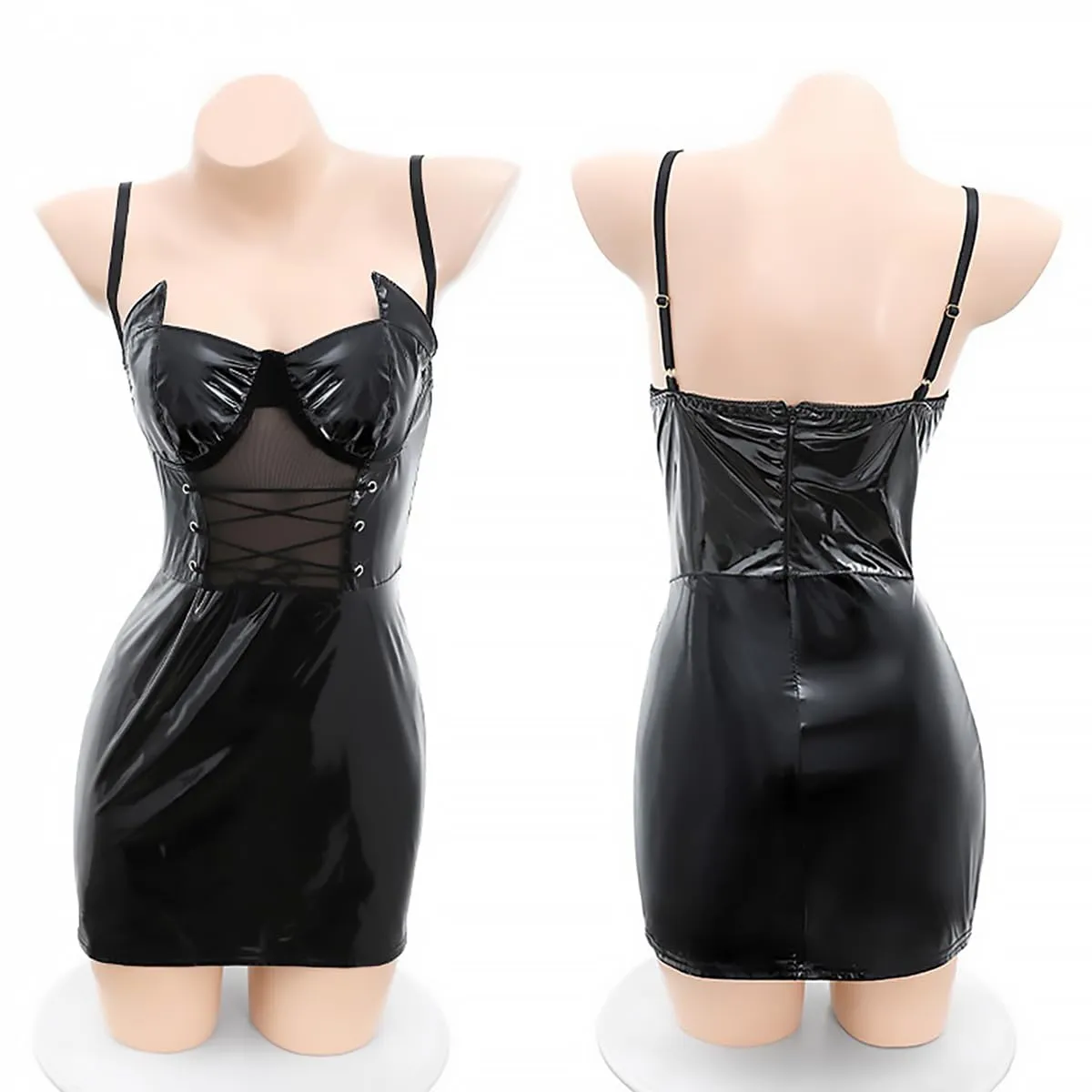 Sexy miniabito senza maniche da donna Abito senza maniche in pelle da donna Abito in pelle da donna Abito trasparente effetto bagnato Miniabito in ecopelle Sexy Babydoll corto in pelle Lingerie in pel - immagine 7