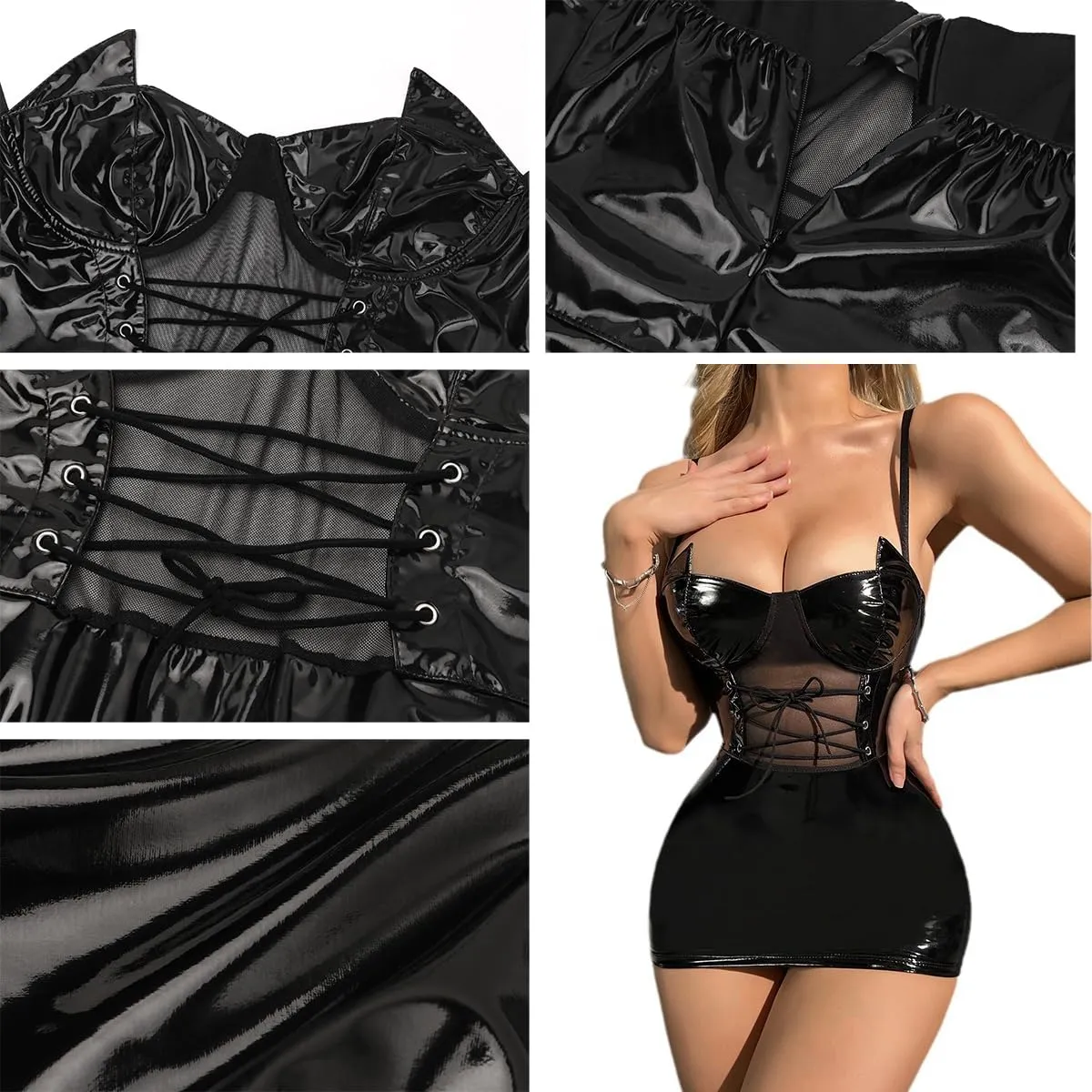 Sexy miniabito senza maniche da donna Abito senza maniche in pelle da donna Abito in pelle da donna Abito trasparente effetto bagnato Miniabito in ecopelle Sexy Babydoll corto in pelle Lingerie in pel - immagine 8