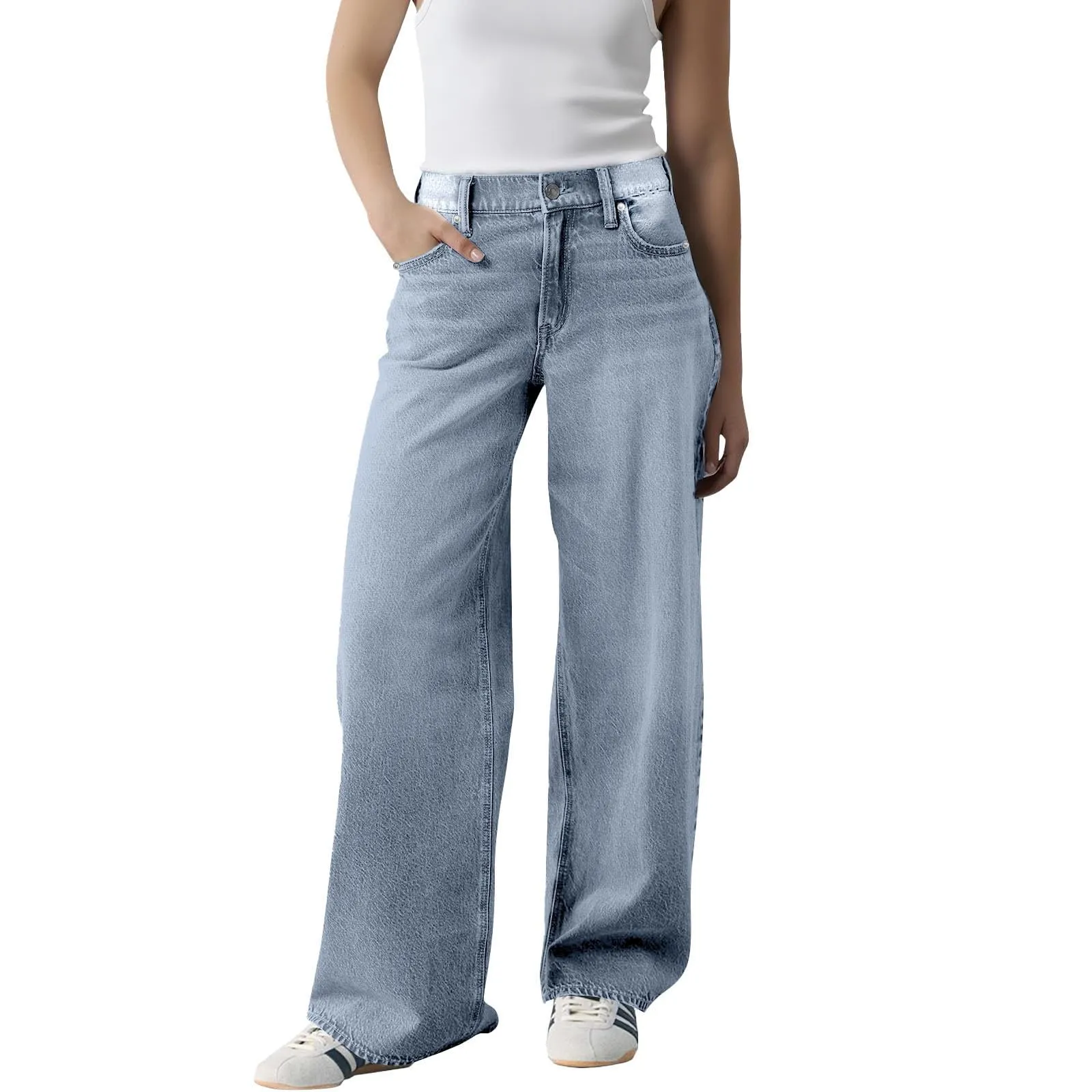 Baggy - Jeans da donna a gamba larga, a vita alta, comodi, lunghi, leggeri, dritti, elasticizzati, casual, taglio dritto, pantaloni da jogging streetwear, Azzurro, L - immagine 1