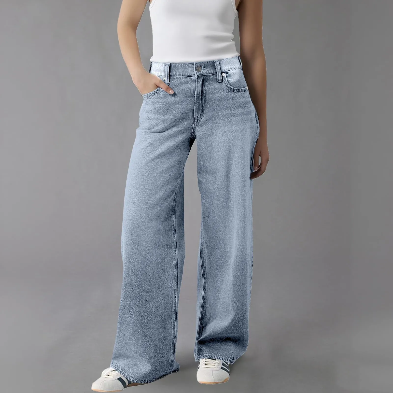 Baggy - Jeans da donna a gamba larga, a vita alta, comodi, lunghi, leggeri, dritti, elasticizzati, casual, taglio dritto, pantaloni da jogging streetwear, Azzurro, L - immagine 2