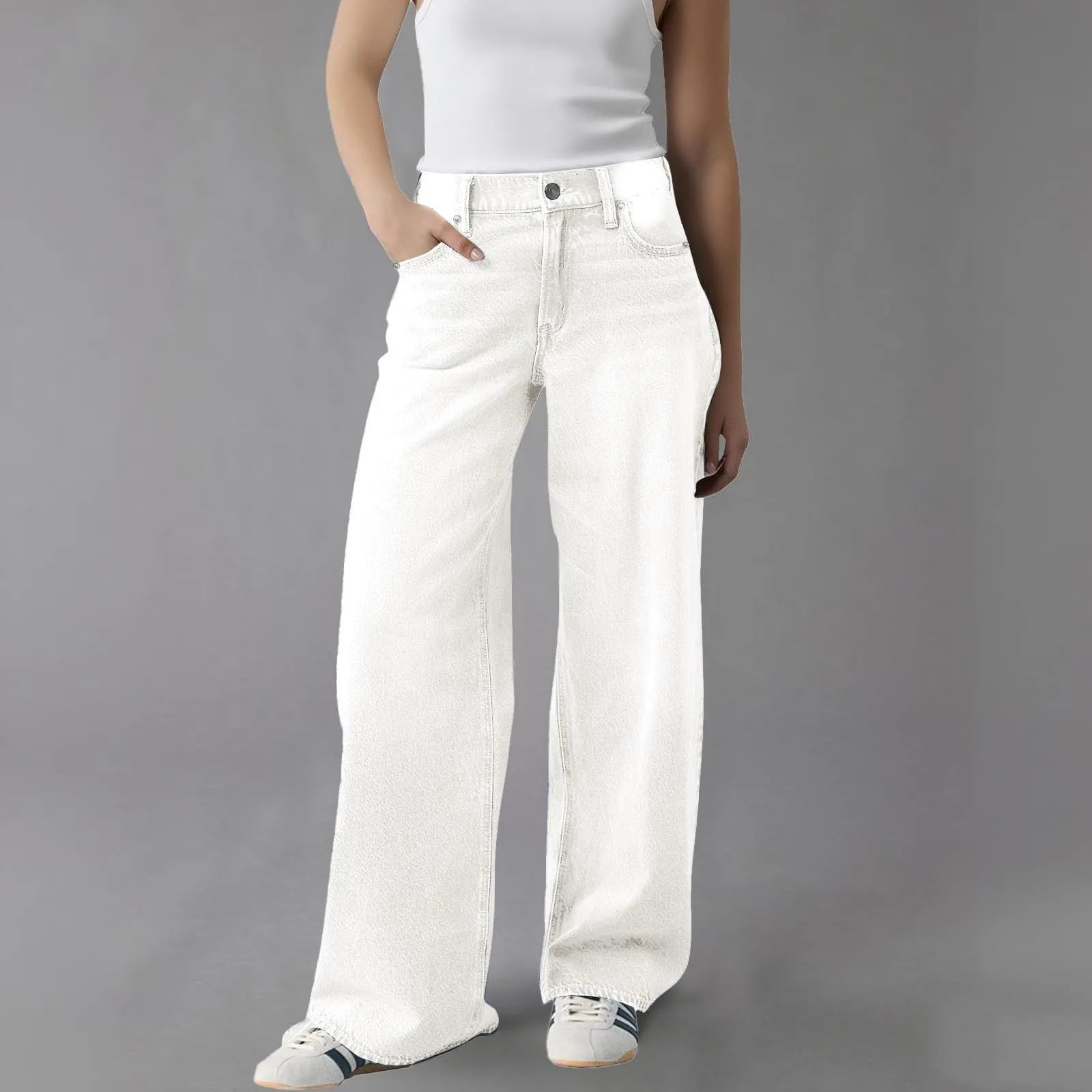 Baggy - Jeans da donna a gamba larga, a vita alta, comodi, lunghi, leggeri, dritti, elasticizzati, casual, taglio dritto, pantaloni da jogging streetwear, bianco, S - immagine 2