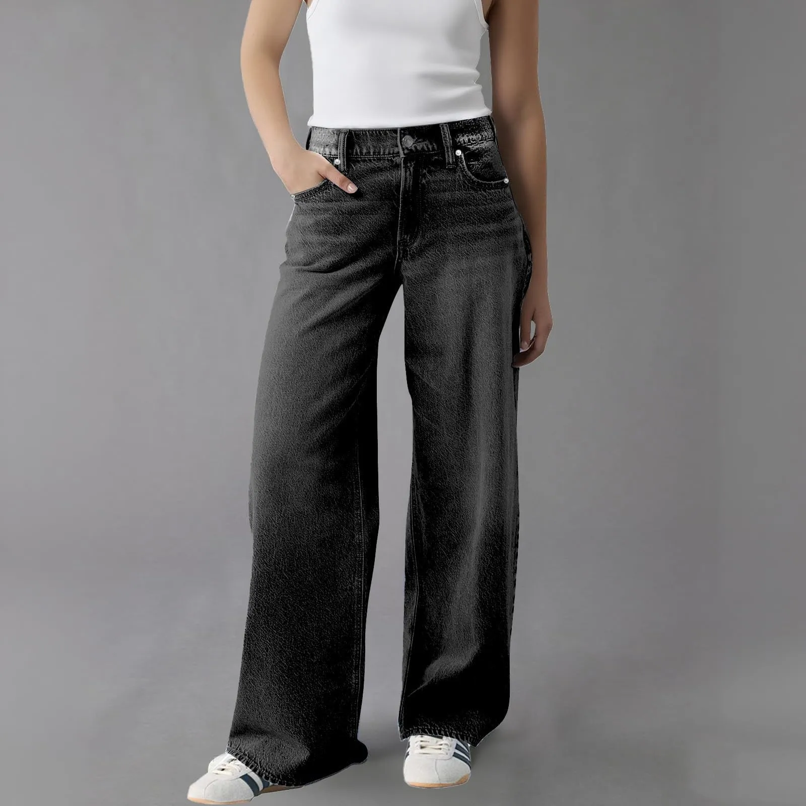 Baggy - Jeans da donna a gamba larga, a vita alta, comodi, lunghi, leggeri, dritti, elasticizzati, casual, taglio dritto, pantaloni da jogging streetwear, grigio., M - immagine 2