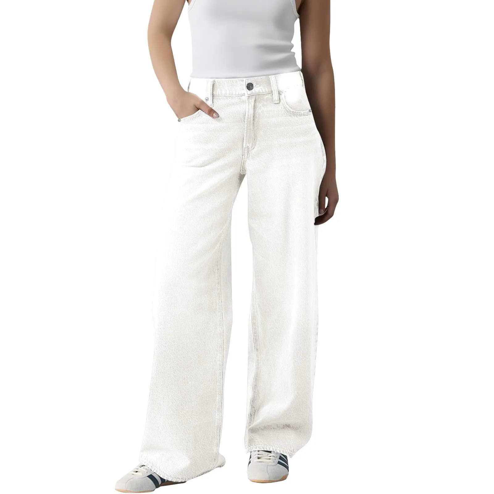 Baggy - Jeans da donna a gamba larga, a vita alta, comodi, lunghi, leggeri, dritti, elasticizzati, casual, taglio dritto, pantaloni da jogging streetwear, bianco, L - immagine 1