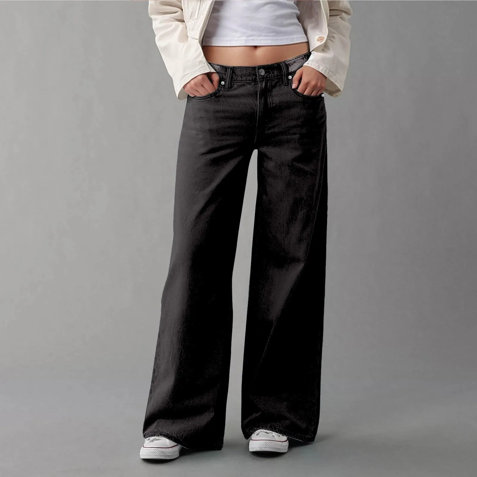 Baggy - Jeans da donna a gamba larga, a vita alta, comodi, lunghi, leggeri, dritti, elasticizzati, casual, taglio dritto, pantaloni da jogging streetwear, Nero , XL - immagine 2