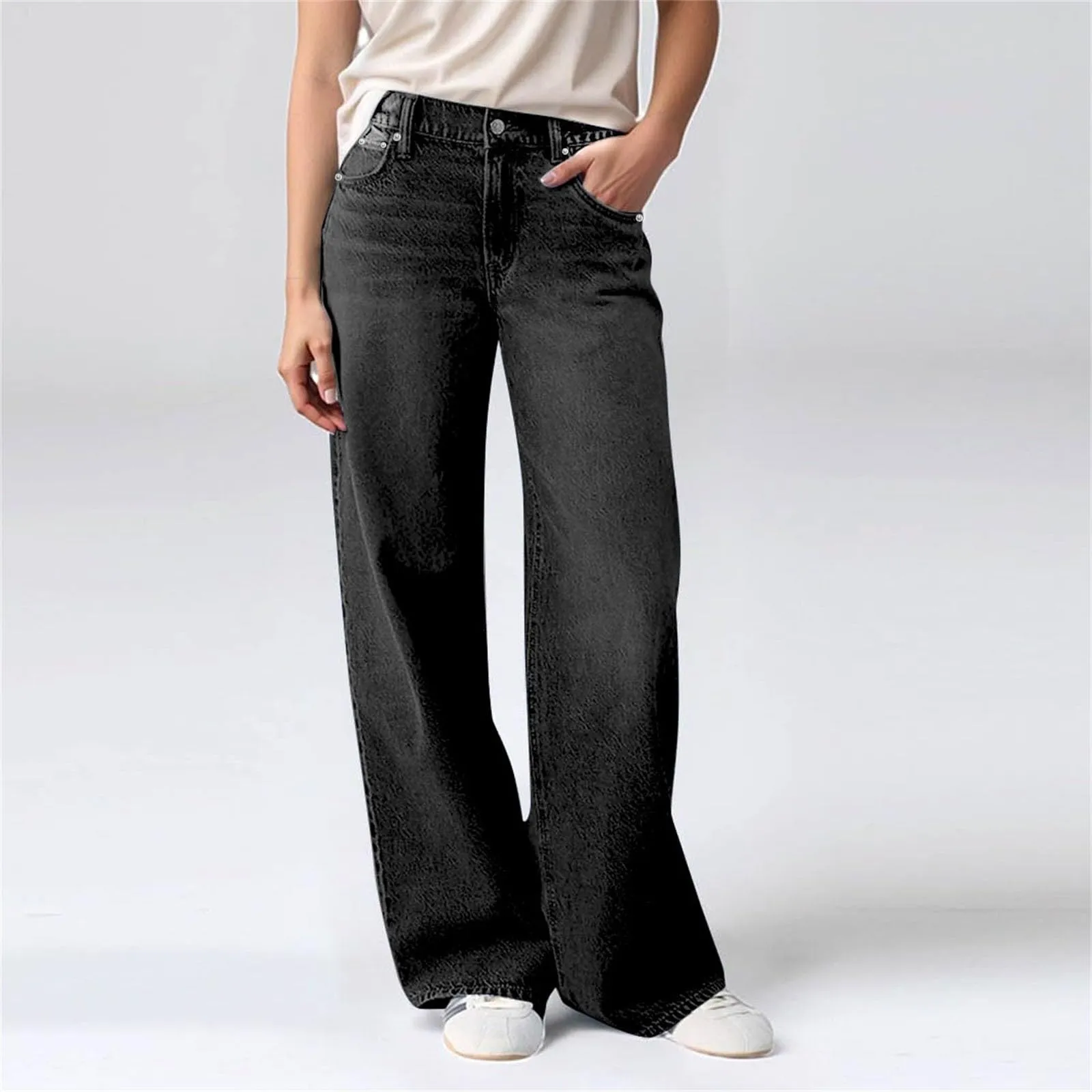 Baggy - Jeans da donna a gamba larga, a vita alta, comodi, lunghi, leggeri, dritti, elasticizzati, casual, taglio dritto, pantaloni da jogging streetwear, grigio., S - immagine 5