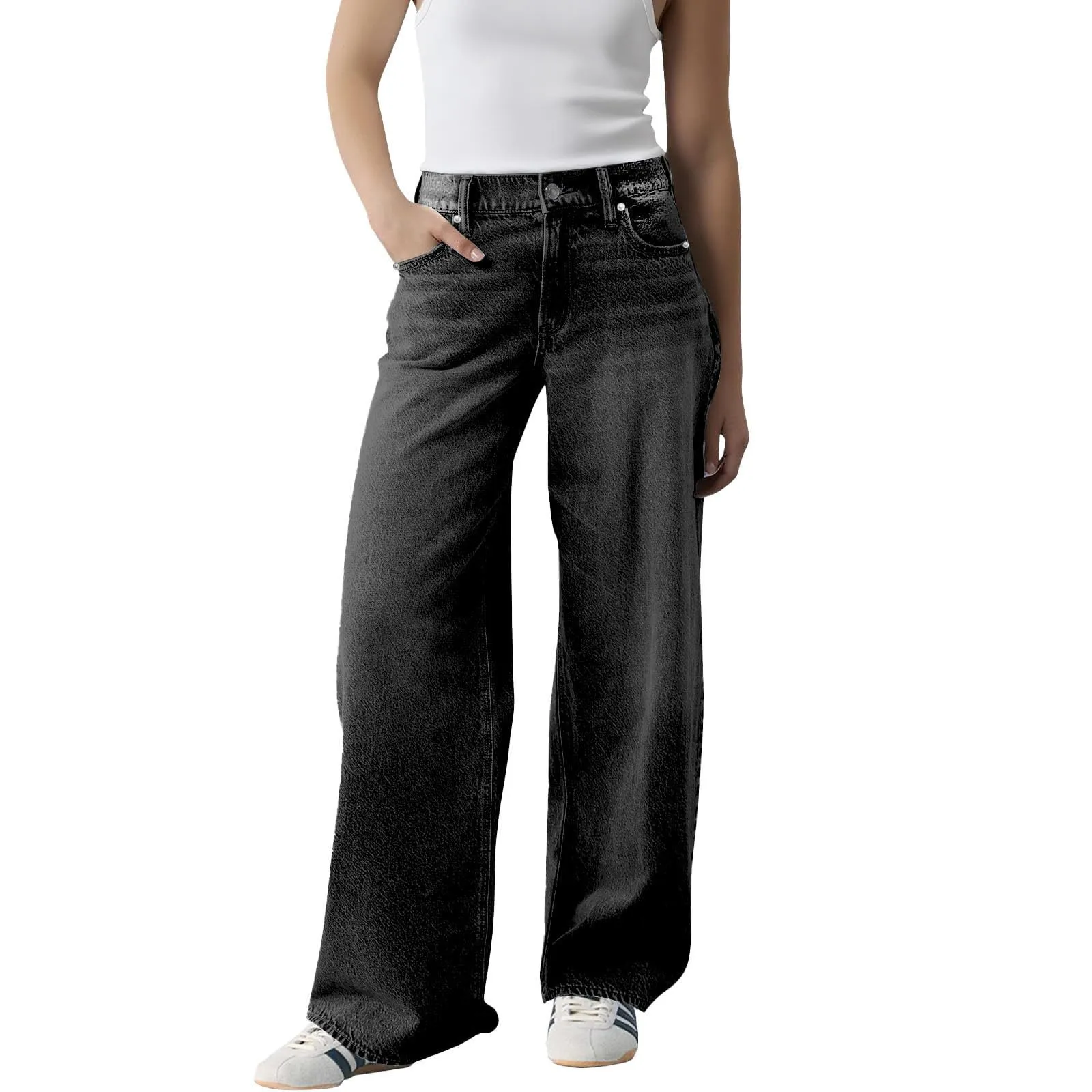 Baggy - Jeans da donna a gamba larga, a vita alta, comodi, lunghi, leggeri, dritti, elasticizzati, casual, taglio dritto, pantaloni da jogging streetwear, grigio., XXL - immagine 1
