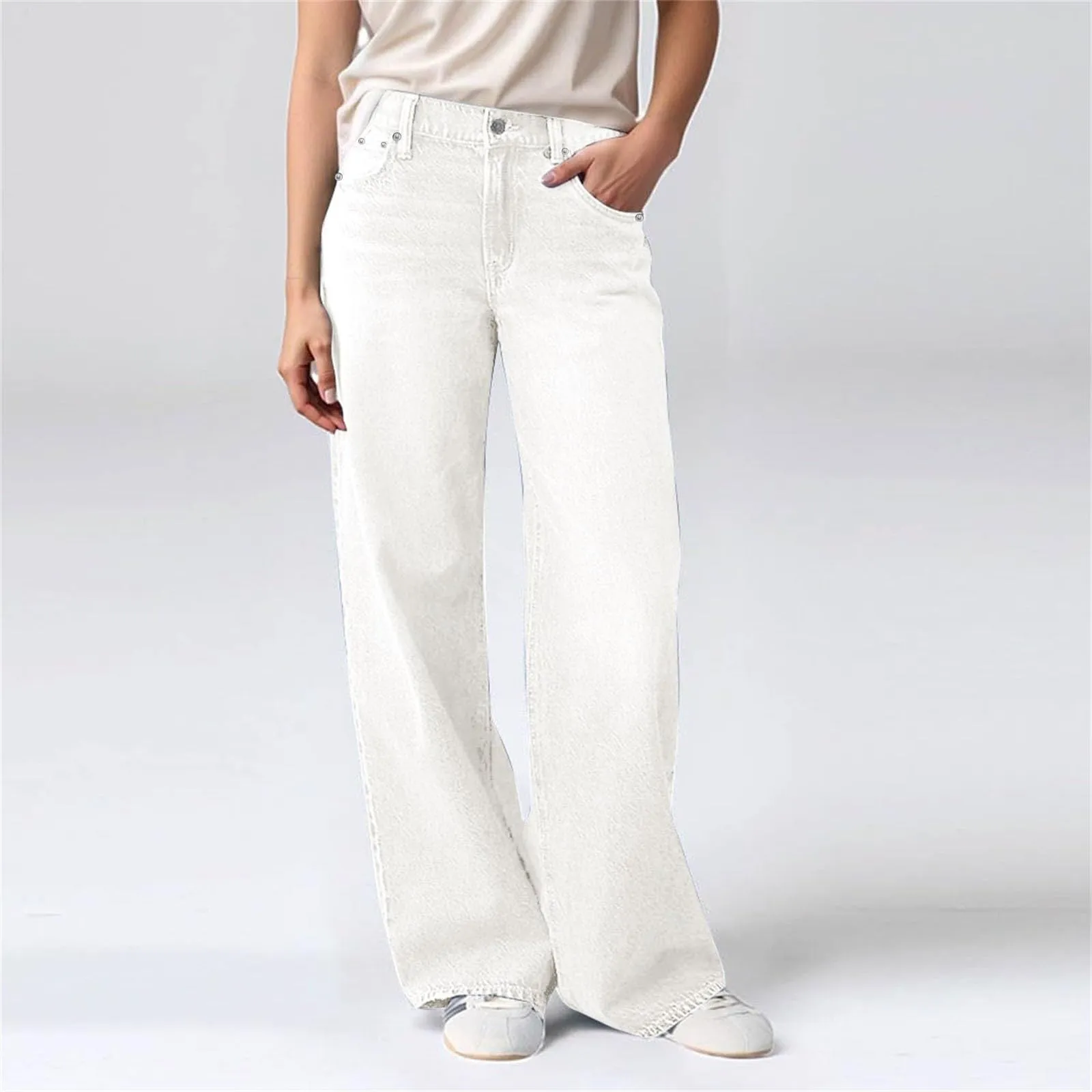 Baggy - Jeans da donna a gamba larga, a vita alta, comodi, lunghi, leggeri, dritti, elasticizzati, casual, taglio dritto, pantaloni da jogging streetwear, bianco, M - immagine 3