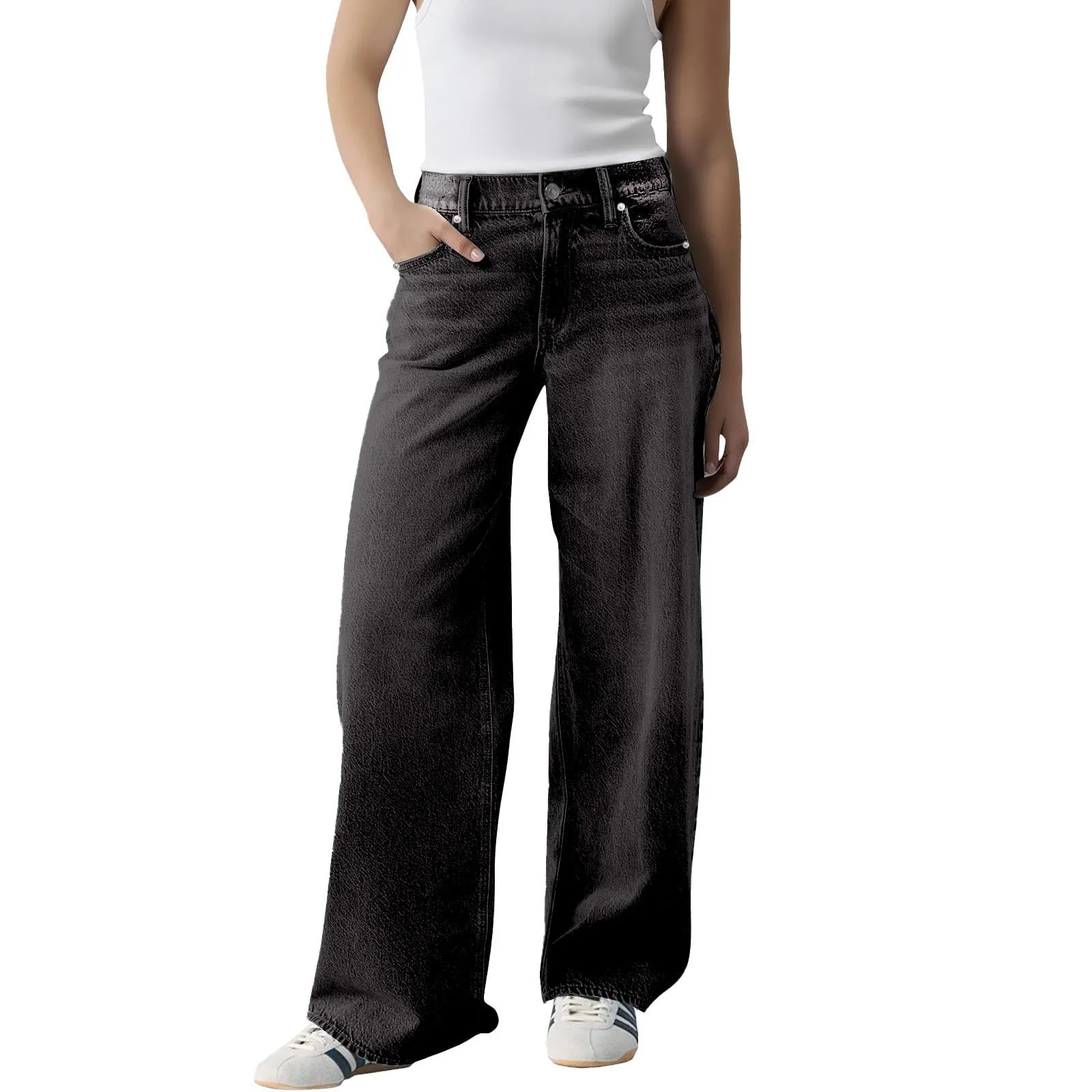 Baggy - Jeans da donna a gamba larga, a vita alta, comodi, lunghi, leggeri, dritti, elasticizzati, casual, taglio dritto, pantaloni da jogging streetwear, Nero , 5XL - immagine 1