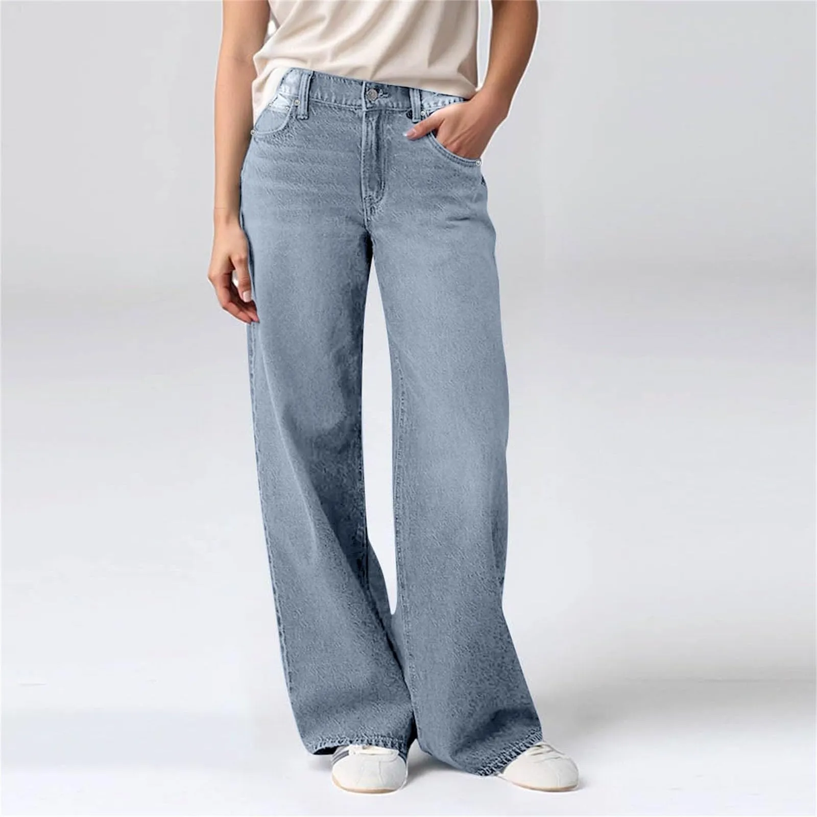 Baggy - Jeans da donna a gamba larga, a vita alta, comodi, lunghi, leggeri, dritti, elasticizzati, casual, taglio dritto, pantaloni da jogging streetwear, Azzurro, S - immagine 5