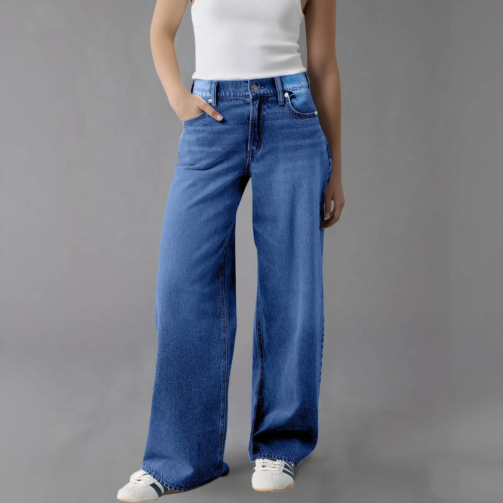 Baggy - Jeans da donna a gamba larga, a vita alta, comodi, lunghi, leggeri, dritti, elasticizzati, casual, taglio dritto, pantaloni da jogging streetwear, a, 6XL - immagine 2