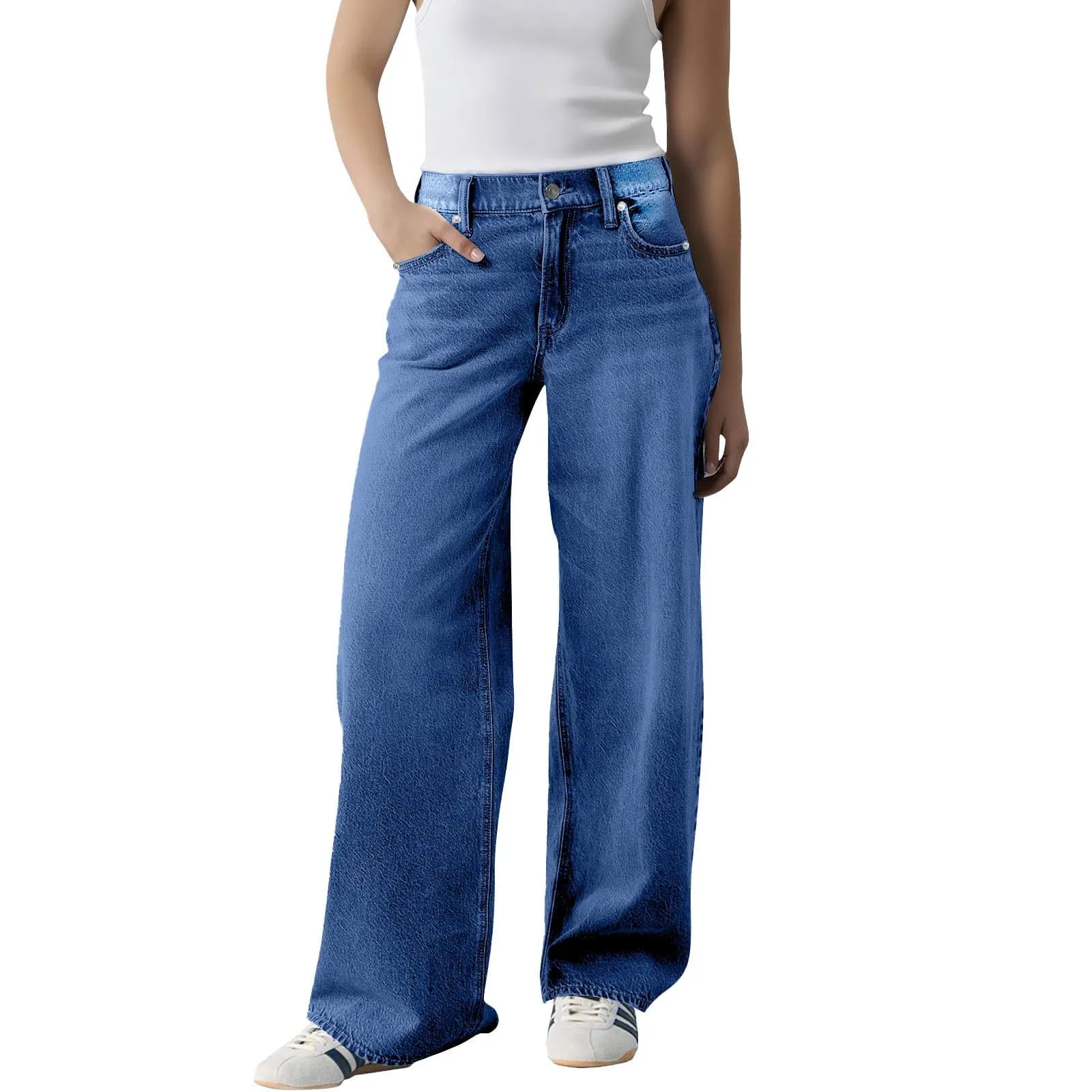 Baggy - Jeans da donna a gamba larga, a vita alta, comodi, lunghi, leggeri, dritti, elasticizzati, casual, taglio dritto, pantaloni da jogging streetwear, a, 4XL - immagine 1