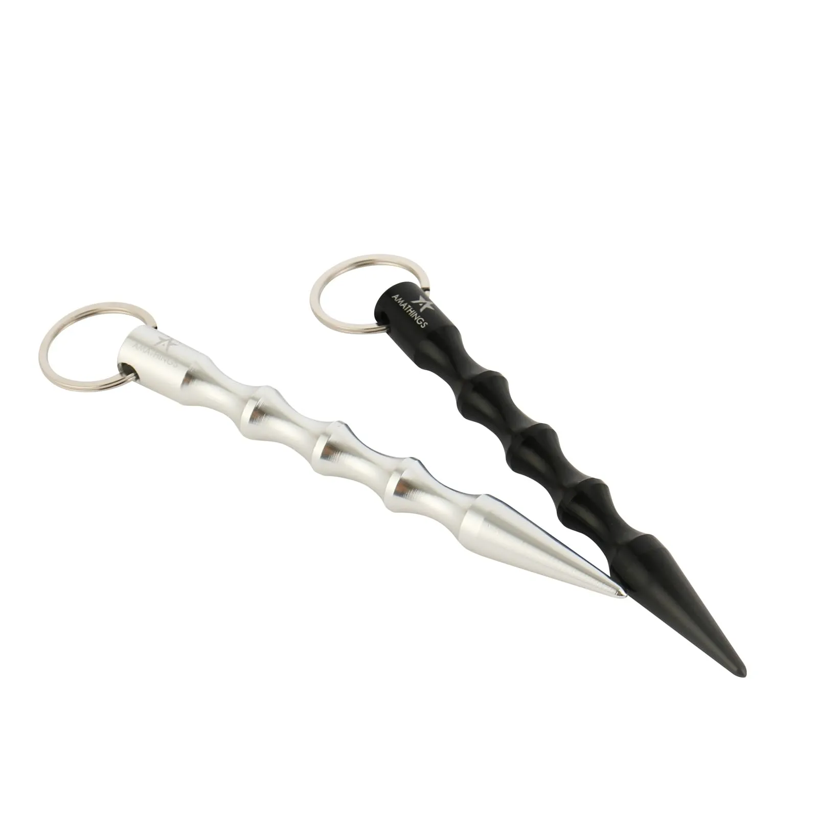 Amathings - Kubotan in diversi colori con impugnatura ergonomica e anello portachiavi, con o senza segnale di SOS, del tutto legale, 2 - 4 pezzi, nero/argento - immagine 3