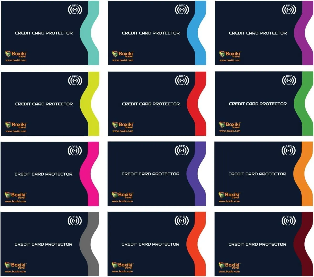 Proteggi Carte di Credito Contactless RFID, 12 Buste Blocco RFID con Codifica a Colori, Protezione RFID per Carte di Credito Bancomat e Documenti, Porta Bancomat Schermato di Boxiki Travel - immagine 1