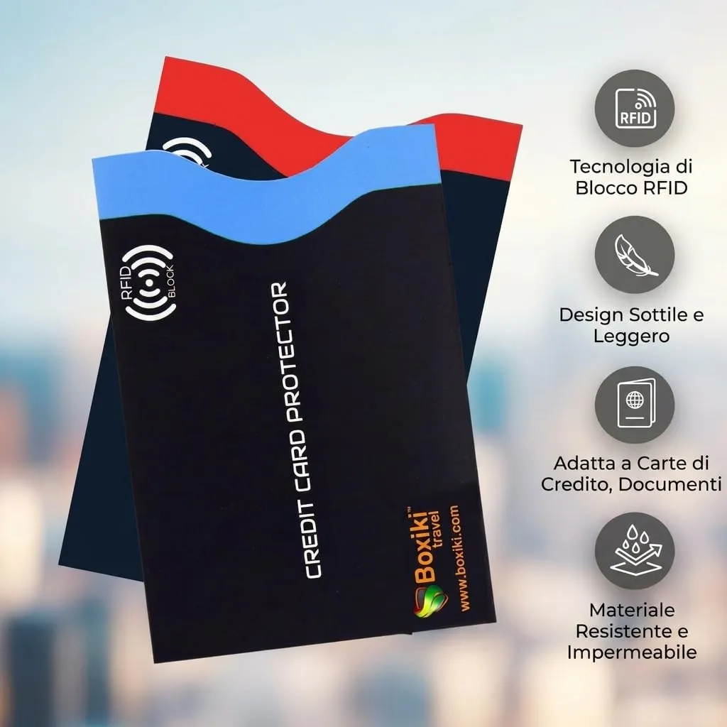 Proteggi Carte di Credito Contactless RFID, 12 Buste Blocco RFID con Codifica a Colori, Protezione RFID per Carte di Credito Bancomat e Documenti, Porta Bancomat Schermato di Boxiki Travel - immagine 2