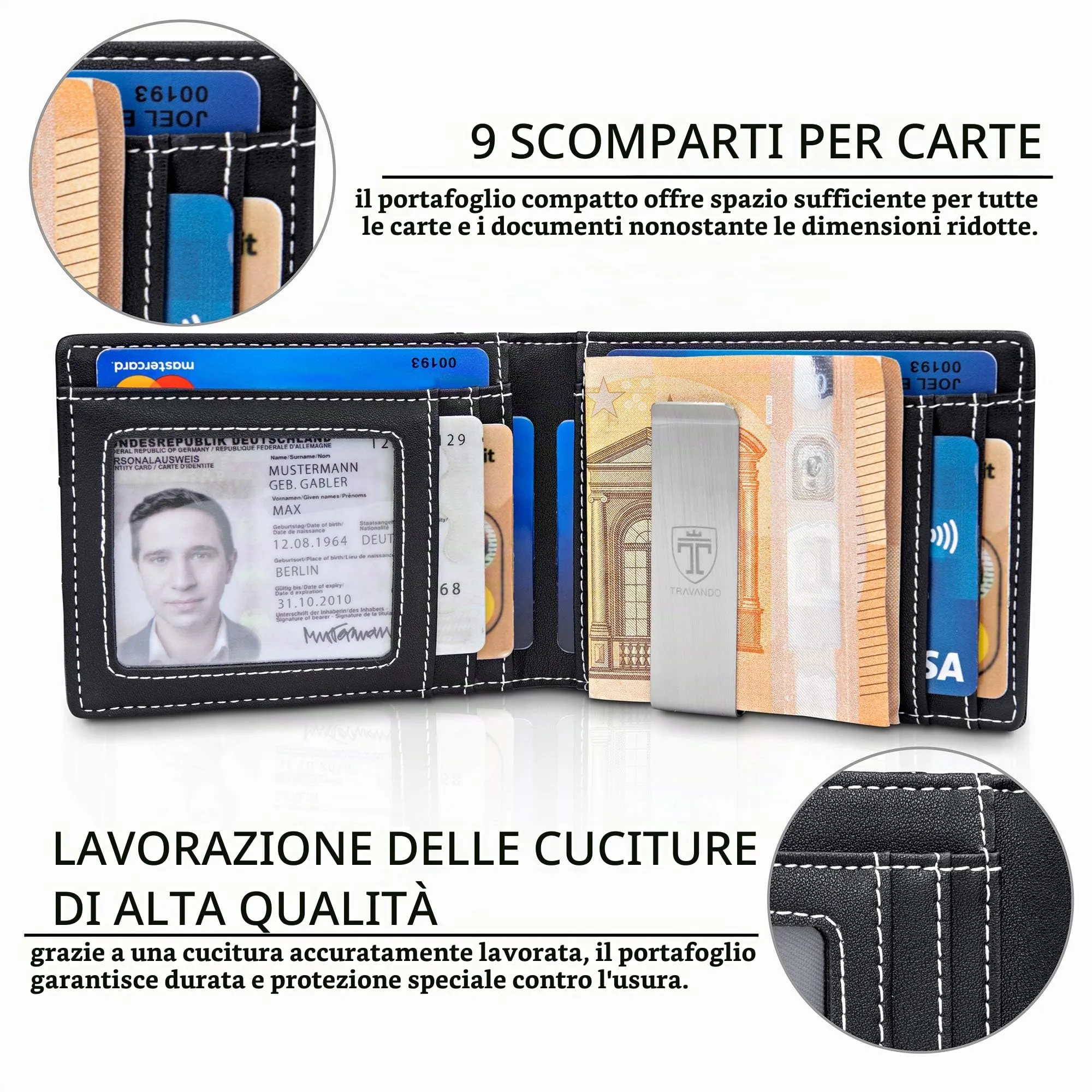 TRAVANDO Portafoglio uomo piccolo con protezione RFID „ZURICH“ Porta carte di credito con clip per contanti, Portafogli Porta tessere slim tascabile, Portatessere Raccoglitore banconote sottile - immagine 2