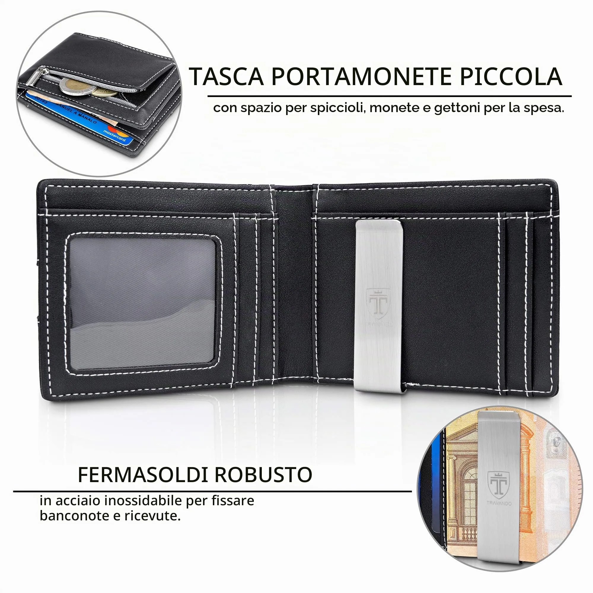 TRAVANDO Portafoglio uomo piccolo con protezione RFID „ZURICH“ Porta carte di credito con clip per contanti, Portafogli Porta tessere slim tascabile, Portatessere Raccoglitore banconote sottile - immagine 3