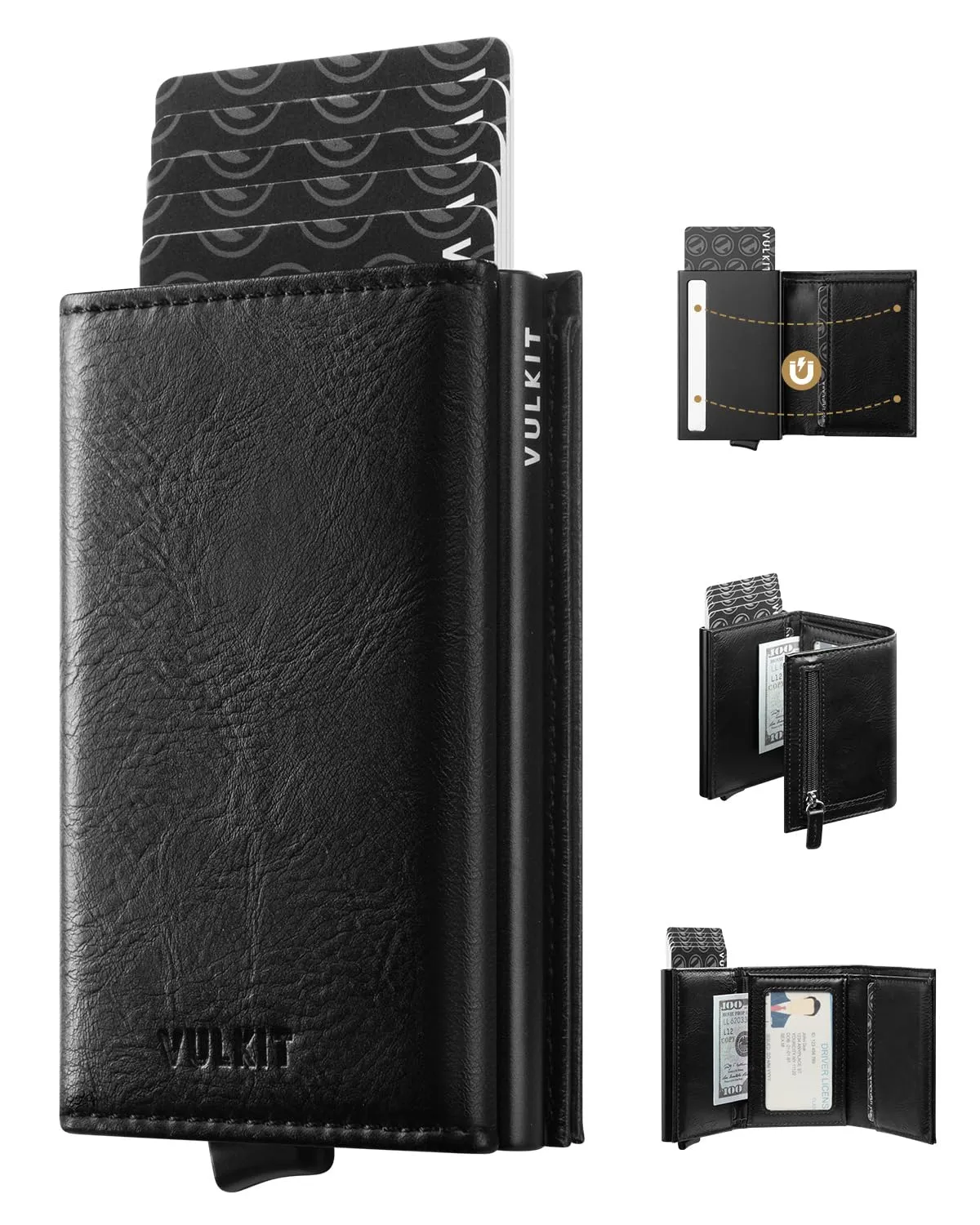 VULKIT Porta Carte di Credito Schermato RFID Portafoglio Uomo Bifold in Pelle Pop Up Automatico e Porta Banconote Tasca Monete con Zip, Nero - immagine 1