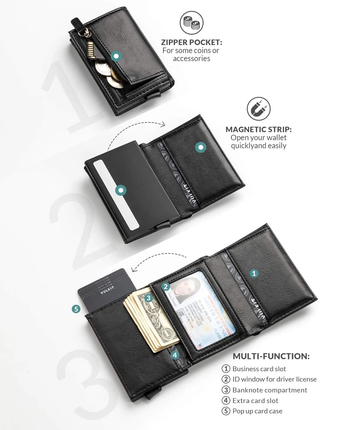 VULKIT Porta Carte di Credito Schermato RFID Portafoglio Uomo Bifold in Pelle Pop Up Automatico e Porta Banconote Tasca Monete con Zip, Nero - immagine 2
