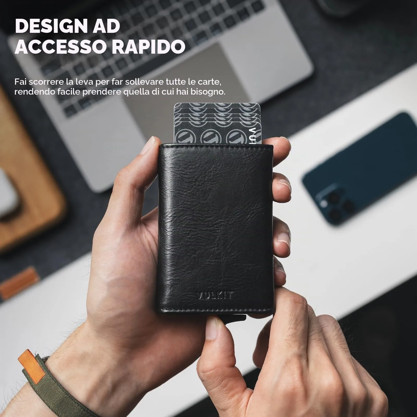 VULKIT Porta Carte di Credito Schermato RFID Portafoglio Uomo Bifold in Pelle Pop Up Automatico e Porta Banconote Tasca Monete con Zip, Nero - immagine 3