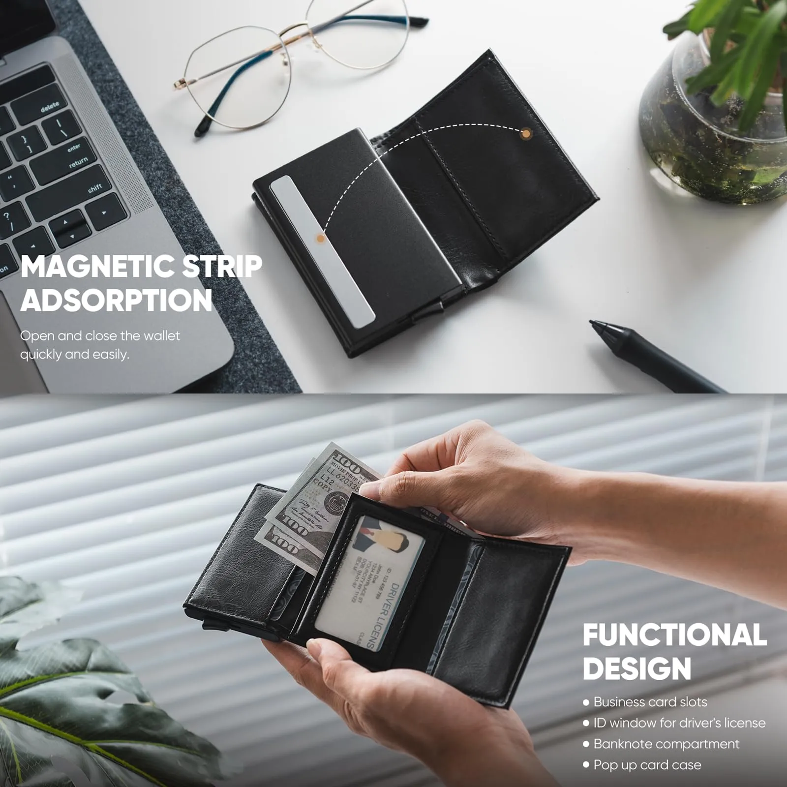 VULKIT Porta Carte di Credito Schermato RFID Portafoglio Uomo Bifold in Pelle Pop Up Automatico e Porta Banconote Tasca Monete con Zip, Nero - immagine 4