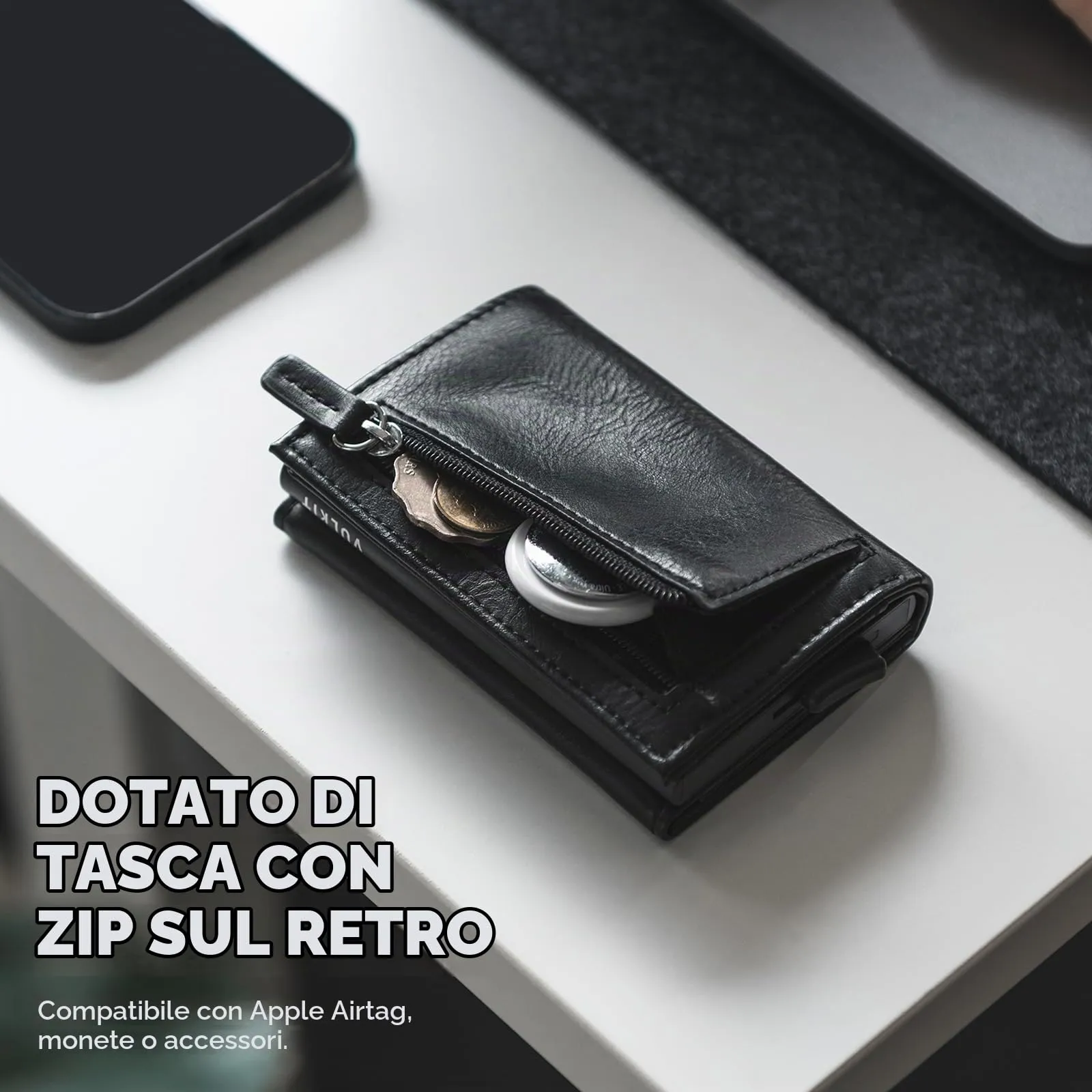 VULKIT Porta Carte di Credito Schermato RFID Portafoglio Uomo Bifold in Pelle Pop Up Automatico e Porta Banconote Tasca Monete con Zip, Nero - immagine 5