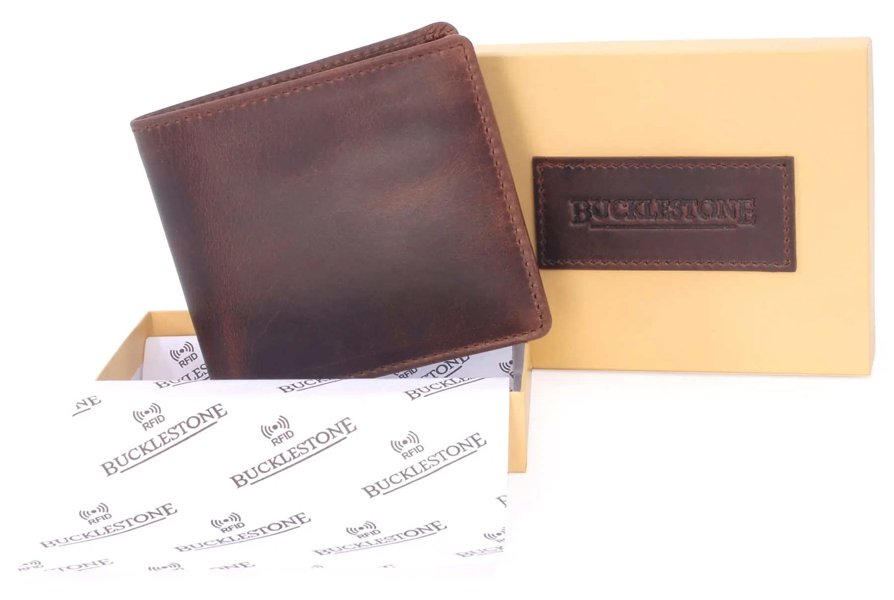 Bucklestone - Portafoglio Uomo Piccolo Slim in Pelle - Porta Carte di Credito a Due Pieghe - Protezione RFID - con Scatola Regalo - Oxford - Marrone - immagine 4