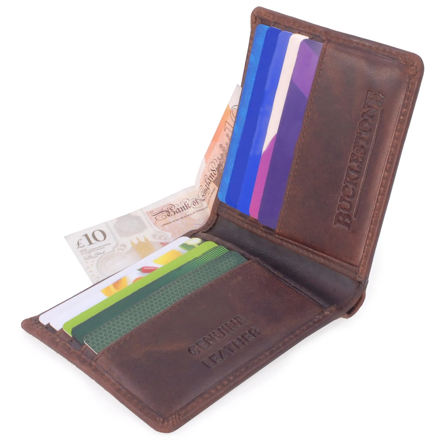 Bucklestone - Portafoglio Uomo Piccolo Slim in Pelle - Porta Carte di Credito a Due Pieghe - Protezione RFID - con Scatola Regalo - Oxford - Marrone - immagine 6