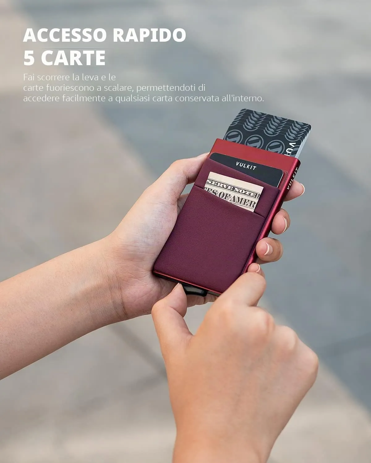 VULKIT Porta Carte di Credito Uomo o Donna Schermato RFID Pop-Up Portafoglio Uomo Slim Porta Tessere Metallo Rigido con Tasca Elastica, Vino - immagine 2