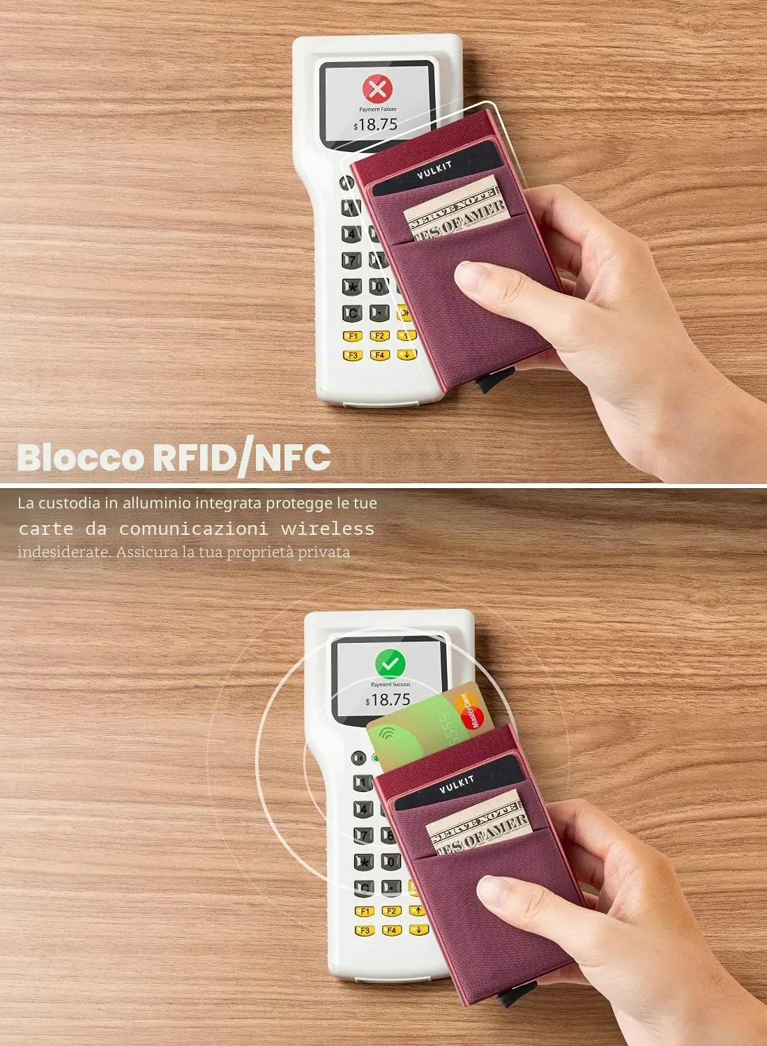 VULKIT Porta Carte di Credito Uomo o Donna Schermato RFID Pop-Up Portafoglio Uomo Slim Porta Tessere Metallo Rigido con Tasca Elastica, Vino - immagine 3