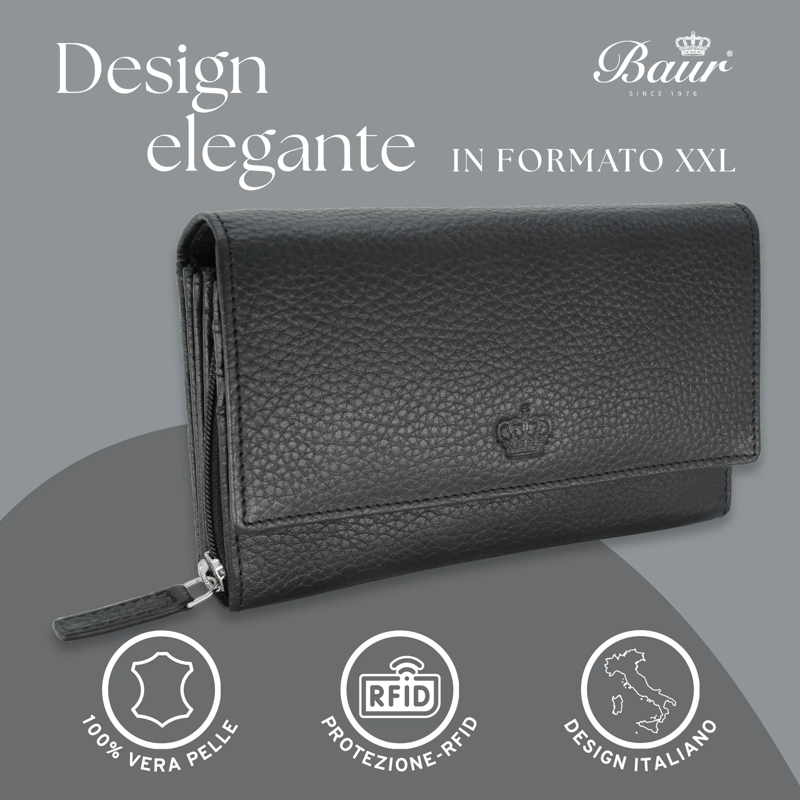 Baur portafoglio da donna XXL – vera pelle con protezione RFID – portafoglio extra grande con 18 scomparti per carte – chiusura a bottone a pressione & tasca portamonete con cerniera (Nero) - immagine 2