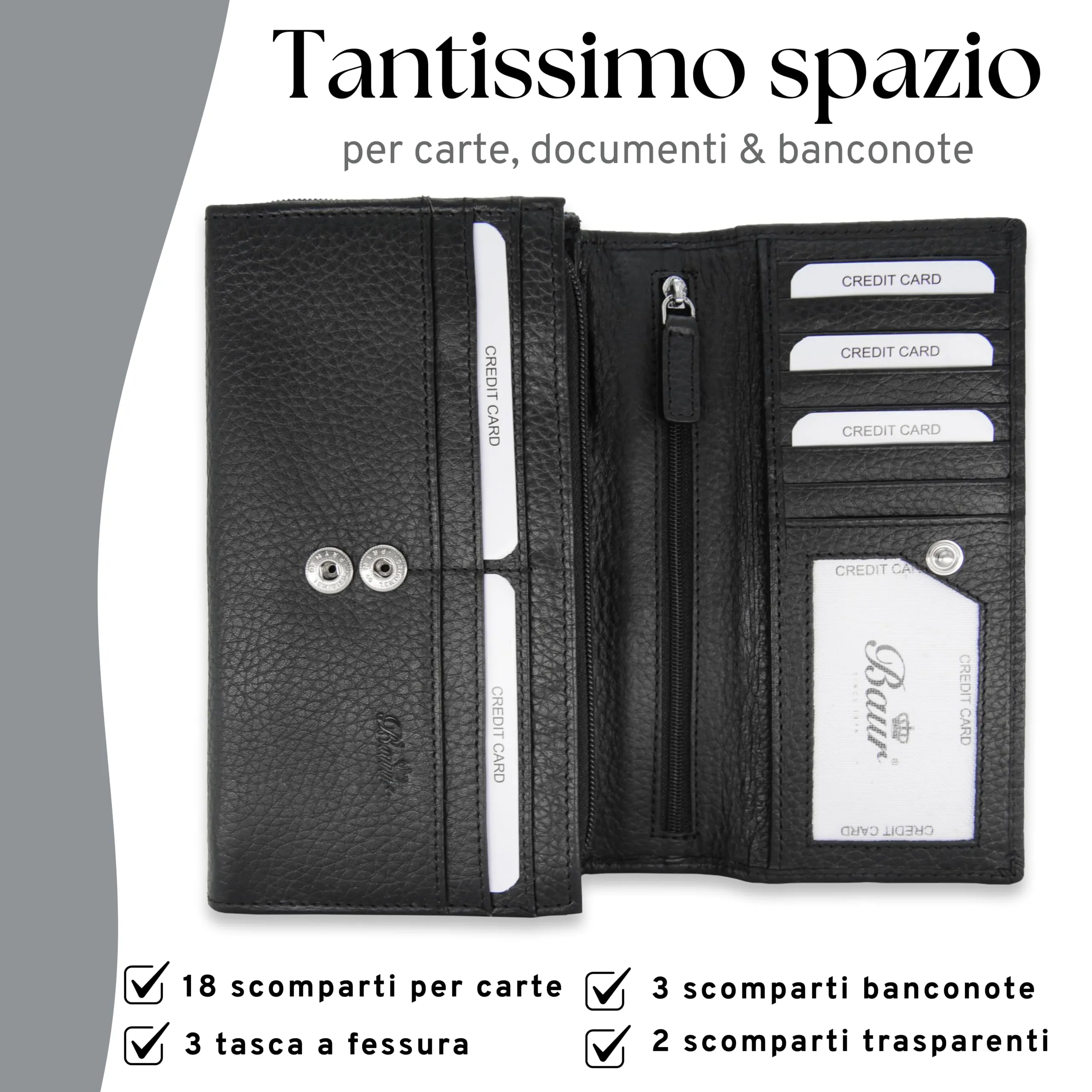 Baur portafoglio da donna XXL – vera pelle con protezione RFID – portafoglio extra grande con 18 scomparti per carte – chiusura a bottone a pressione & tasca portamonete con cerniera (Nero) - immagine 3
