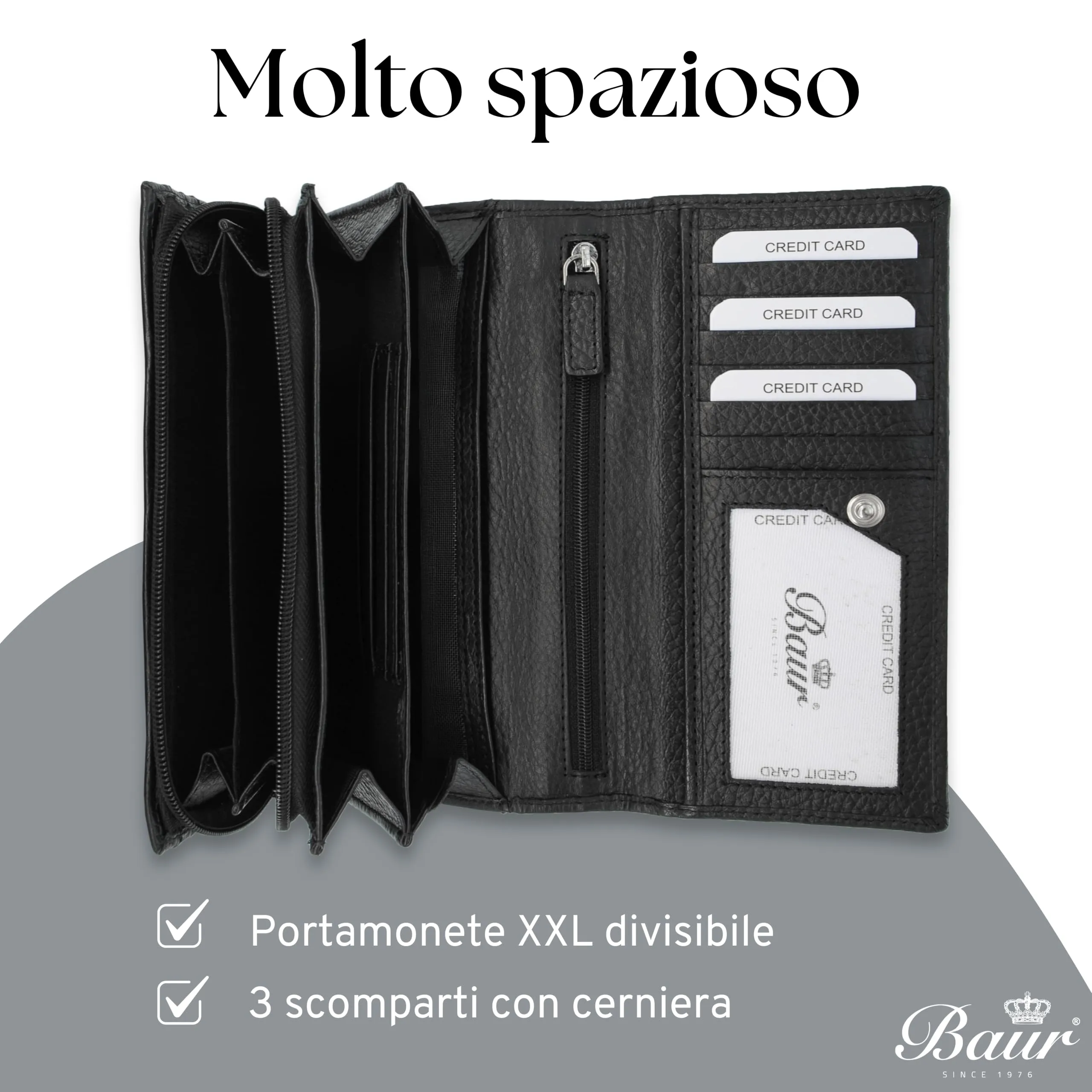 Baur portafoglio da donna XXL – vera pelle con protezione RFID – portafoglio extra grande con 18 scomparti per carte – chiusura a bottone a pressione & tasca portamonete con cerniera (Nero) - immagine 4