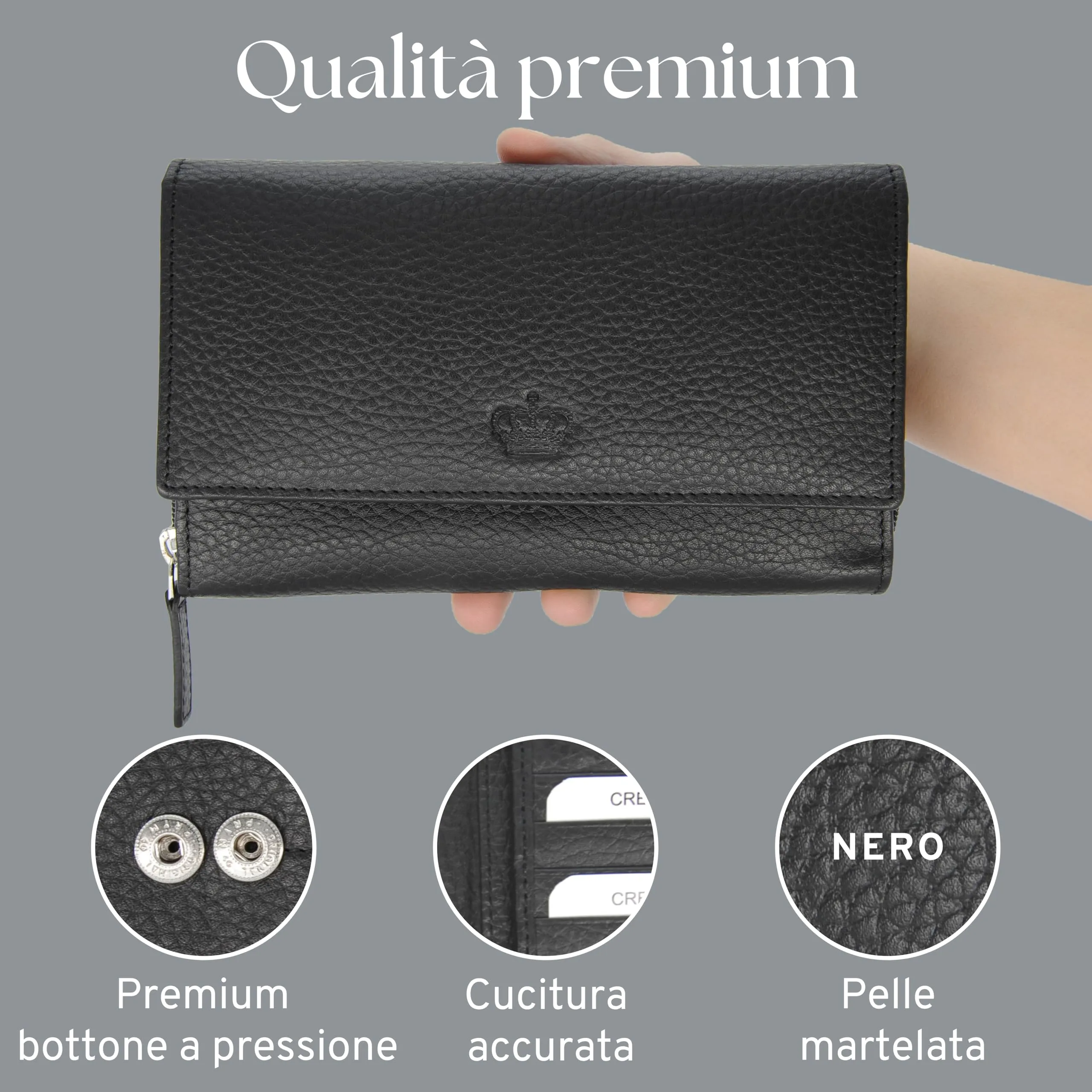 Baur portafoglio da donna XXL – vera pelle con protezione RFID – portafoglio extra grande con 18 scomparti per carte – chiusura a bottone a pressione & tasca portamonete con cerniera (Nero) - immagine 5