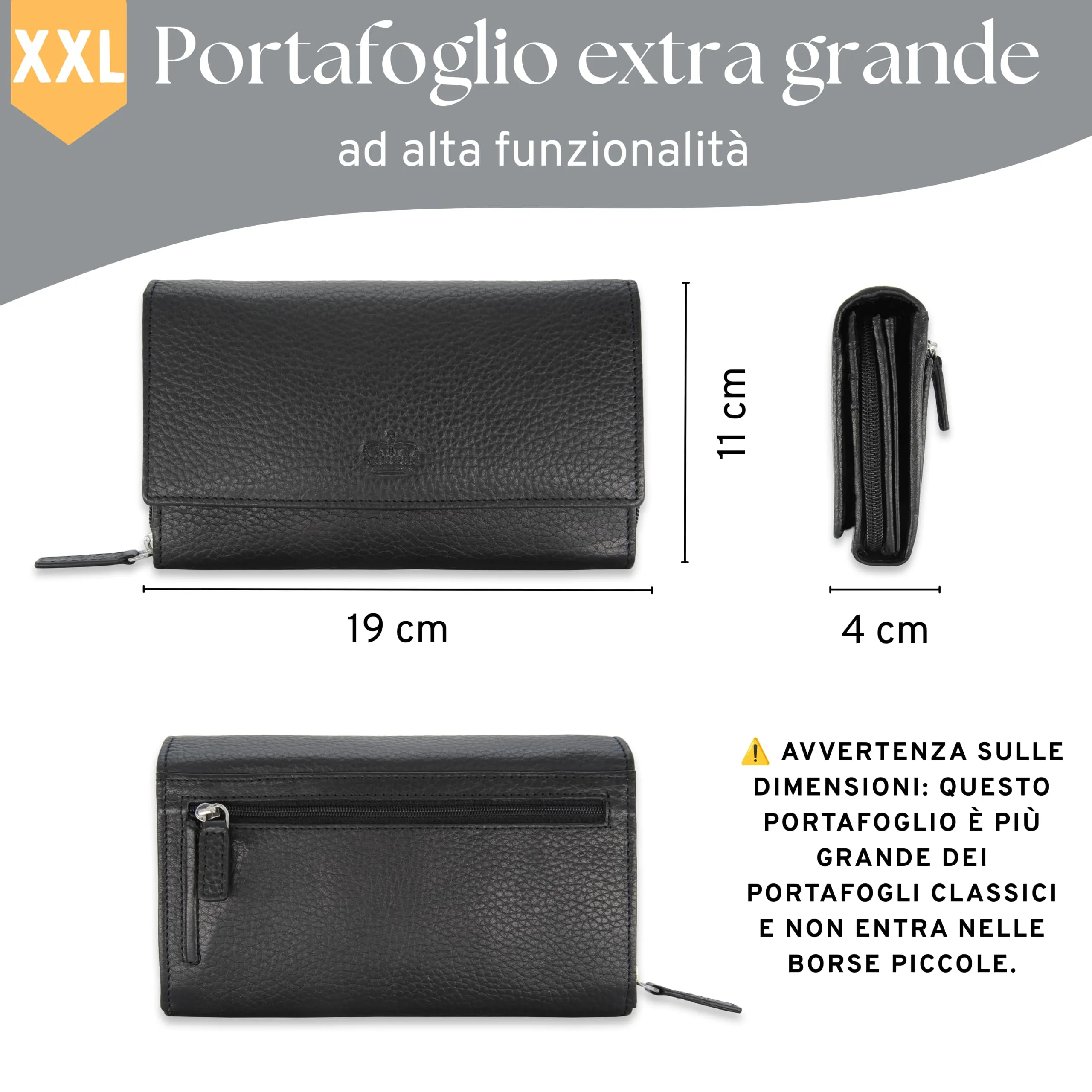 Baur portafoglio da donna XXL – vera pelle con protezione RFID – portafoglio extra grande con 18 scomparti per carte – chiusura a bottone a pressione & tasca portamonete con cerniera (Nero) - immagine 6