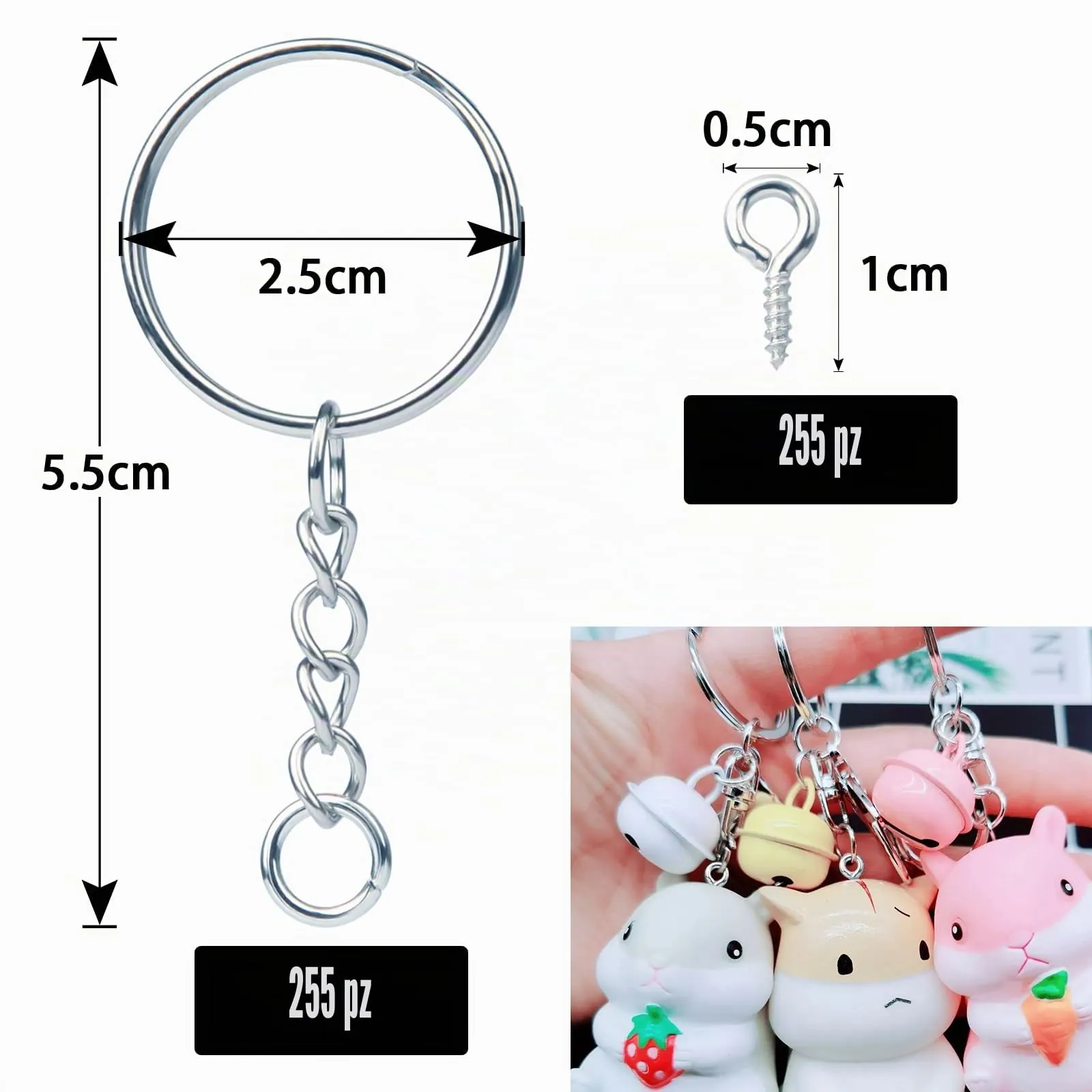 Set Portachiavi 510 Pezzi - 255 Portachiavi Con Anelli 25 mm e 255 Pin - Per Chiavi e Borse Fai Da Te (Argento) - immagine 2