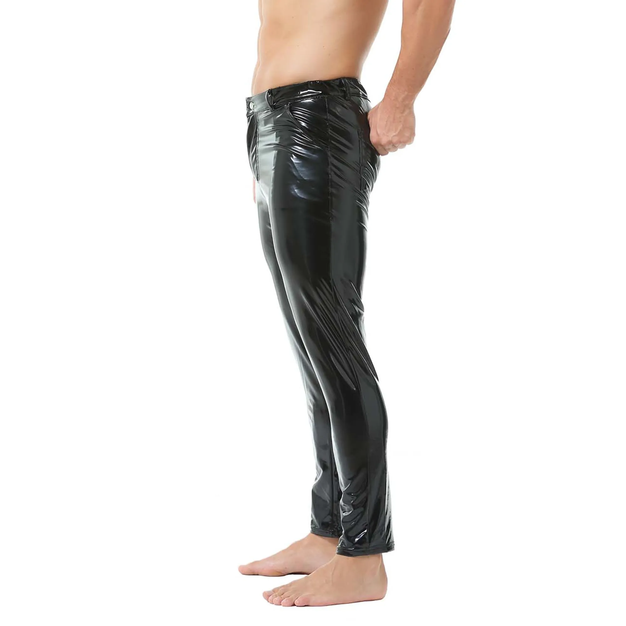 YUFEIDA Leggings da uomo classici look bagnato PU ecopelle pantaloni lunghi con chiusura lampo tasche casual moto cosplay danza palcoscenico party club leggings pantaloni da uomo, nero chiaro, XL - immagine 2