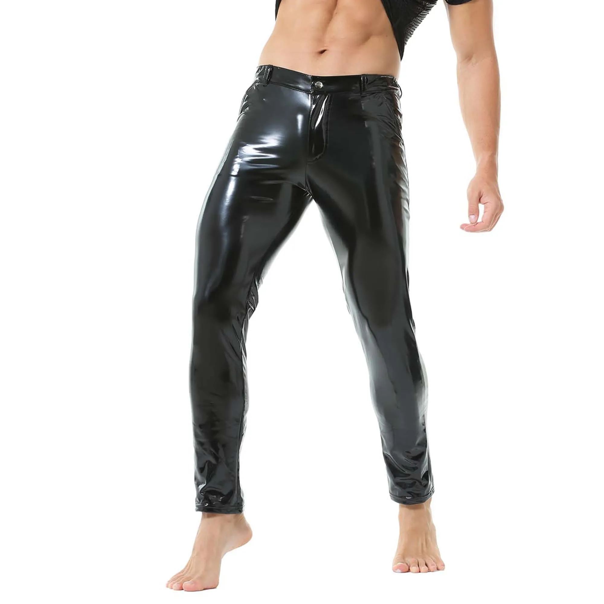 YUFEIDA Leggings da uomo classici look bagnato PU ecopelle pantaloni lunghi con chiusura lampo tasche casual moto cosplay danza palcoscenico party club leggings pantaloni da uomo, nero chiaro, XL - immagine 3