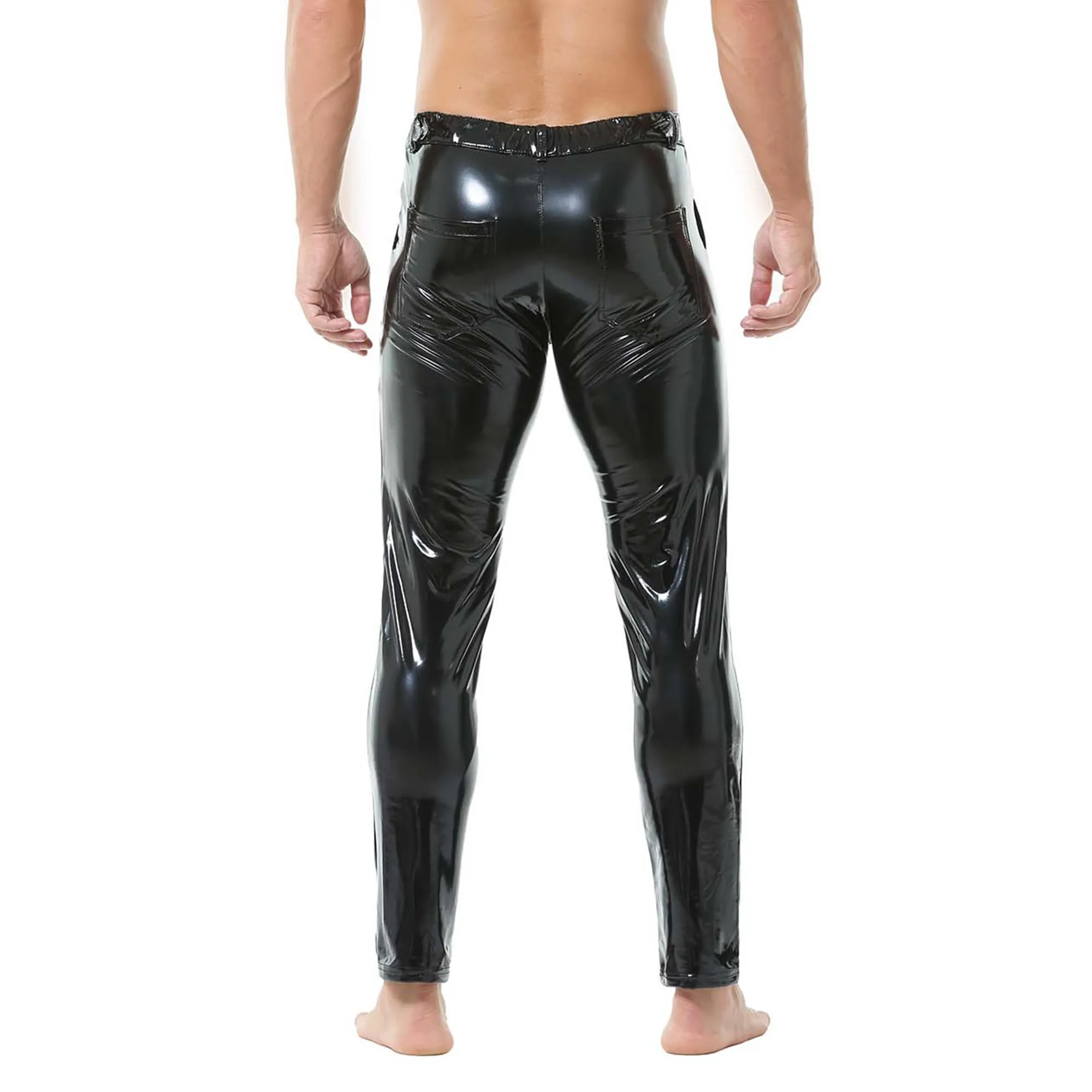 YUFEIDA Leggings da uomo classici look bagnato PU ecopelle pantaloni lunghi con chiusura lampo tasche casual moto cosplay danza palcoscenico party club leggings pantaloni da uomo, nero chiaro, XL - immagine 4