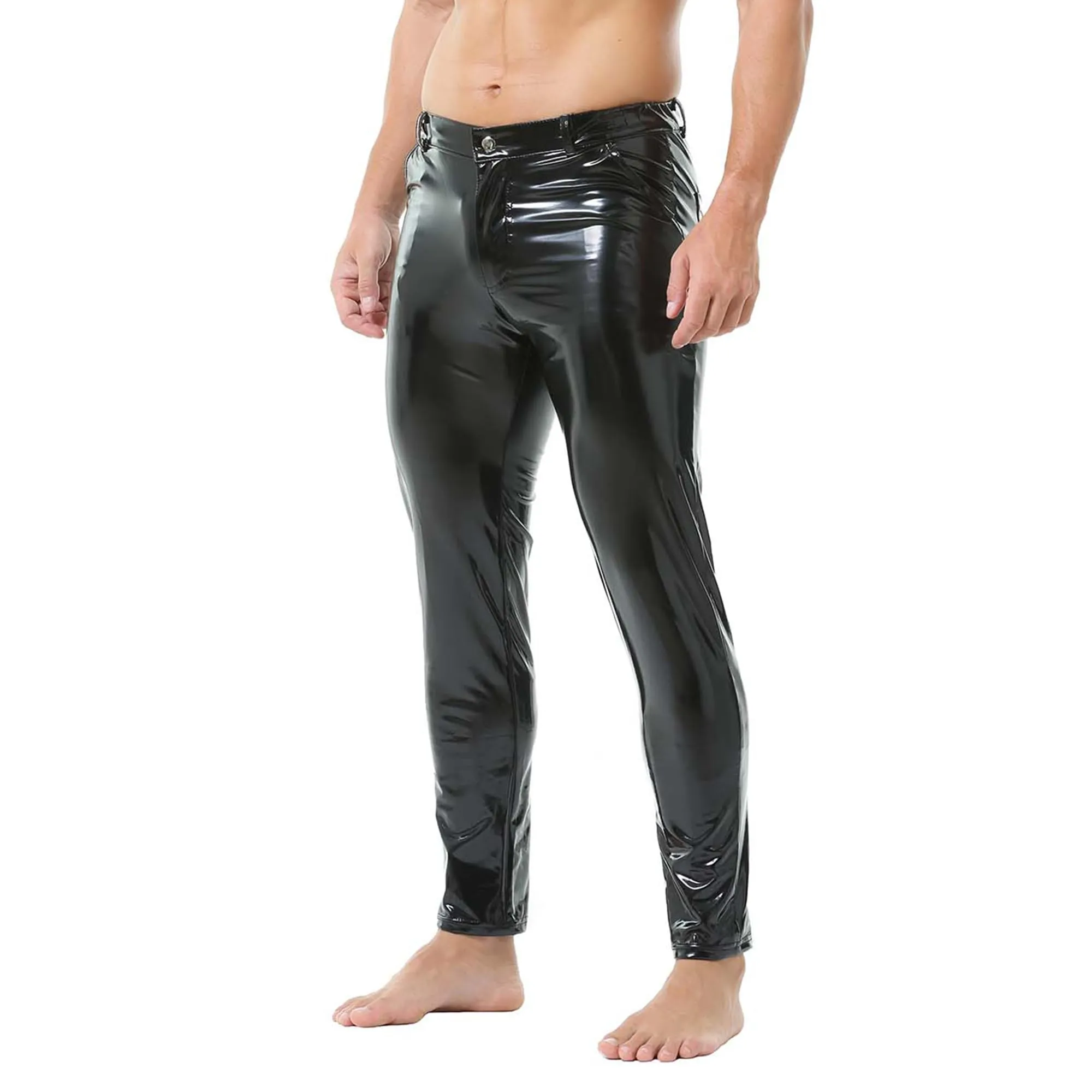 YUFEIDA Leggings da uomo classici look bagnato PU ecopelle pantaloni lunghi con chiusura lampo tasche casual moto cosplay danza palcoscenico party club leggings pantaloni da uomo, nero chiaro, XL - immagine 5